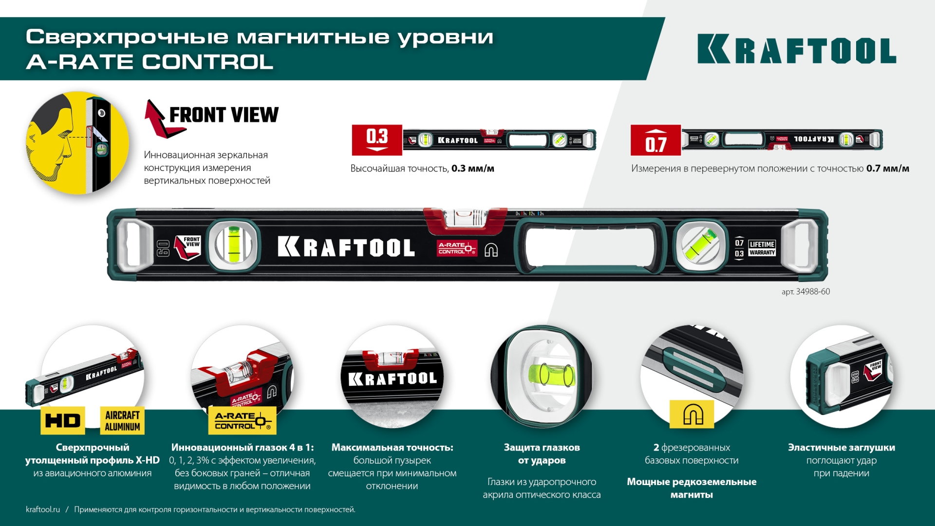 KRAFTOOL A-RATE CONTROL, 800 мм, точность 0.3 мм/м, с зеркальным глазком, сверхпрочный магнитный уровень (34988-80) — фото 14