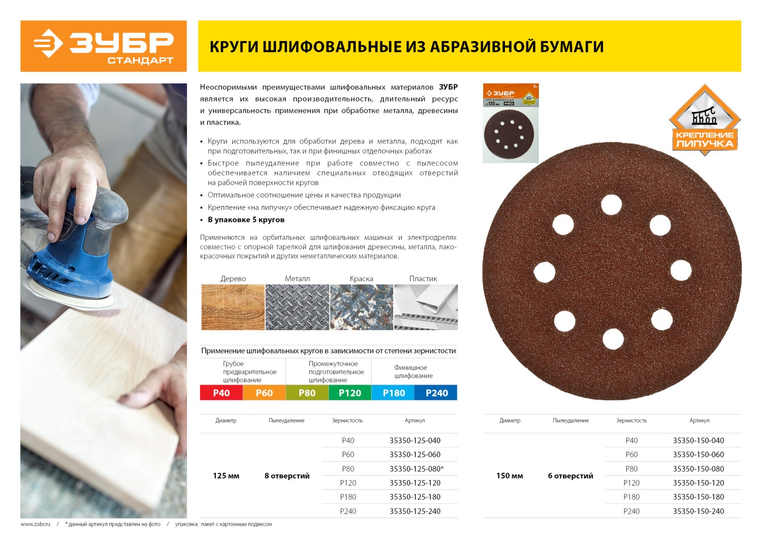 Круг шлифовальный ЗУБР ″СТАНДАРТ″ из абразивной бумаги на велкро основе, 6 отв., Р40, 150мм, 5шт — фото 3