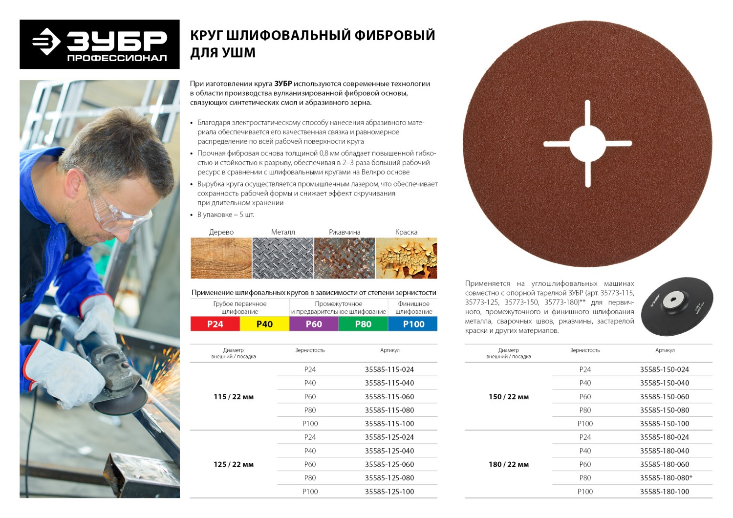 Круг шлифовальный ЗУБР ″ПРОФИ″ фибровый, для УШМ, P100, 115х22мм, 5 листов — фото 3