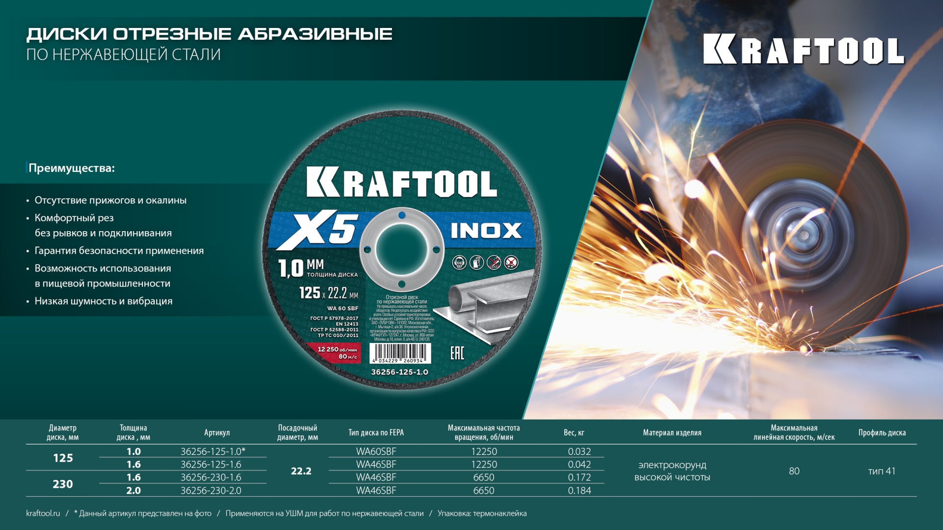 KRAFTOOL X5 INOX 125x1.6 мм по нерж. стали отрезной диск для УШМ (36256-125-1.6) — фото 7