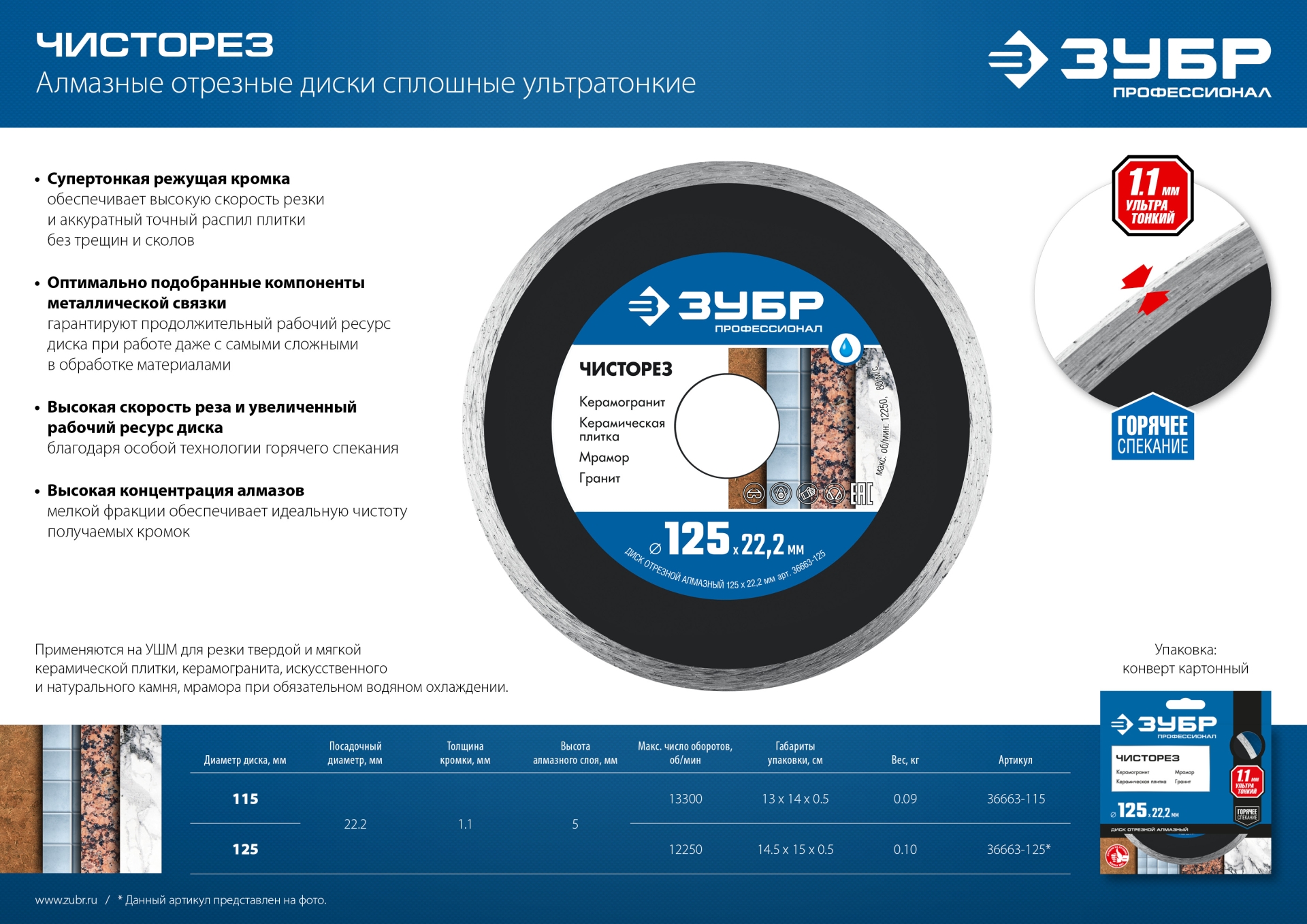 ЗУБР Чисторез, 115 мм, (22.2 мм, 5 х 1.1 мм), сплошной алмазный диск, Профессионал (36663-115) — фото 7