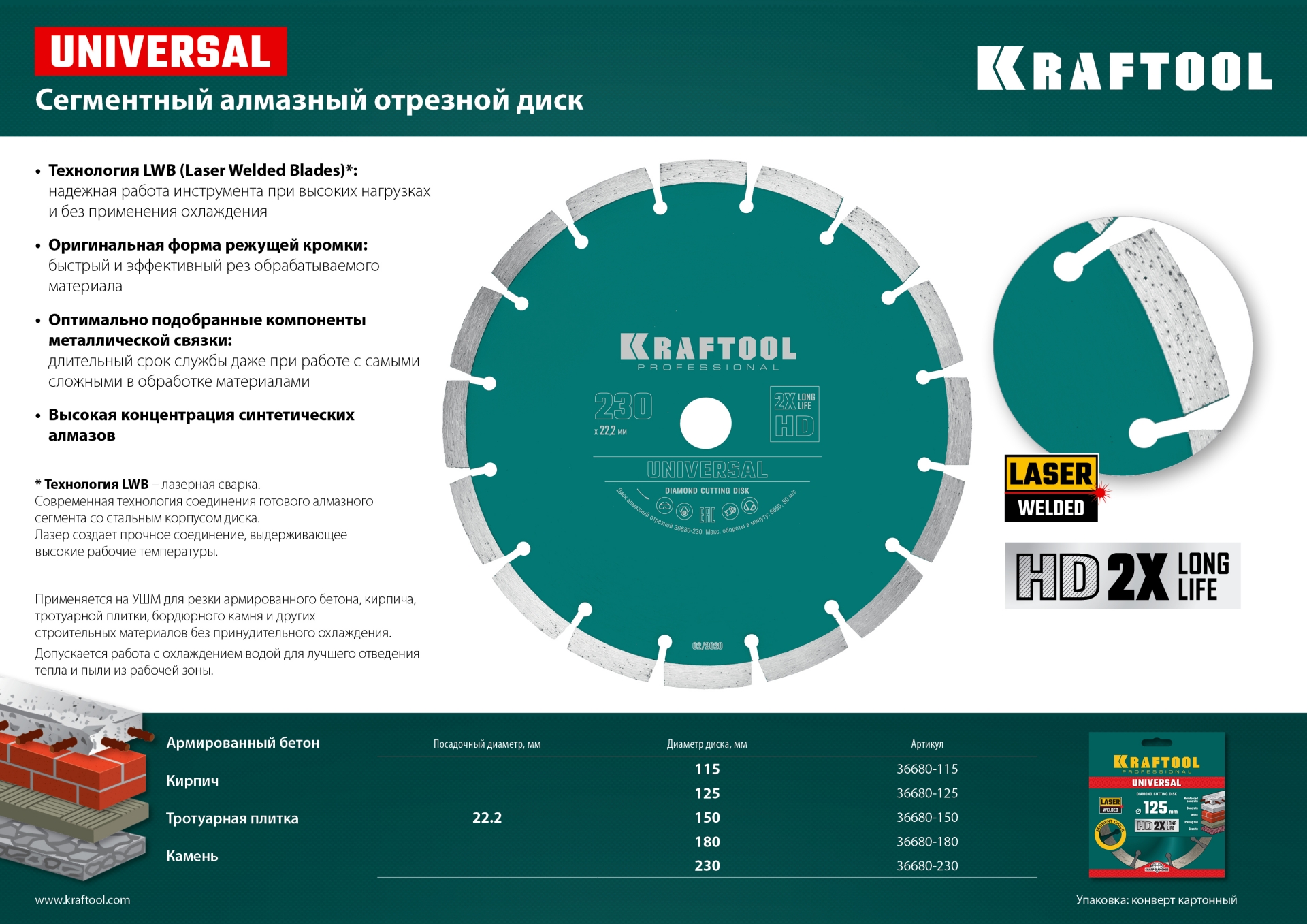 KRAFTOOL LASER-UNIVERSAL 180 мм (22.2 мм, 10х2.6мм), алмазный диск (36680-180) — фото 6