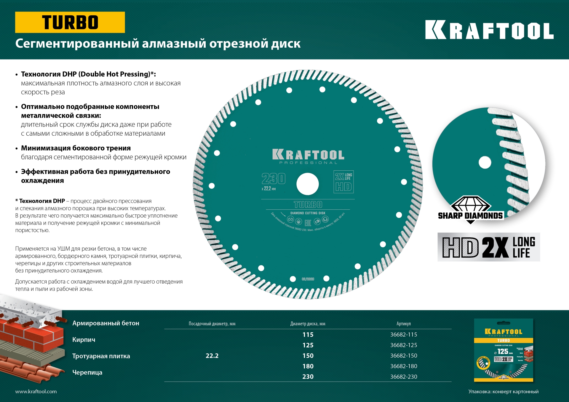 KRAFTOOL Turbo, 150 мм, (22.2 мм, 10 х 2.4 мм), сегментированный алмазный диск (36682-150) — фото 6