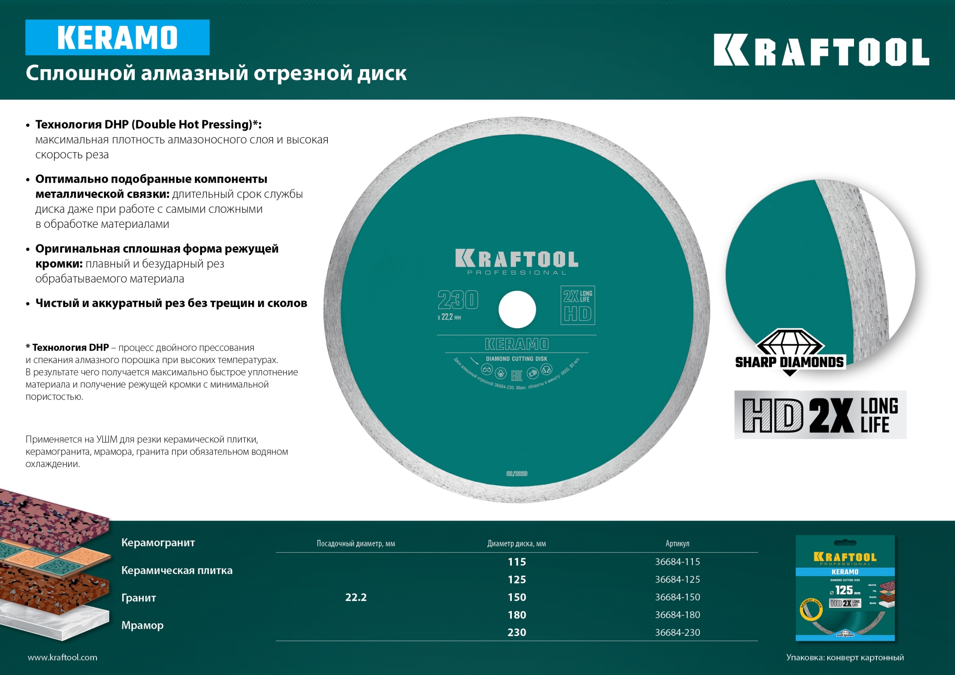 KRAFTOOL KERAMO, 150 мм, (22.2 мм, 10 х 1.8 мм), сплошной алмазный диск (36684-150) — фото 6