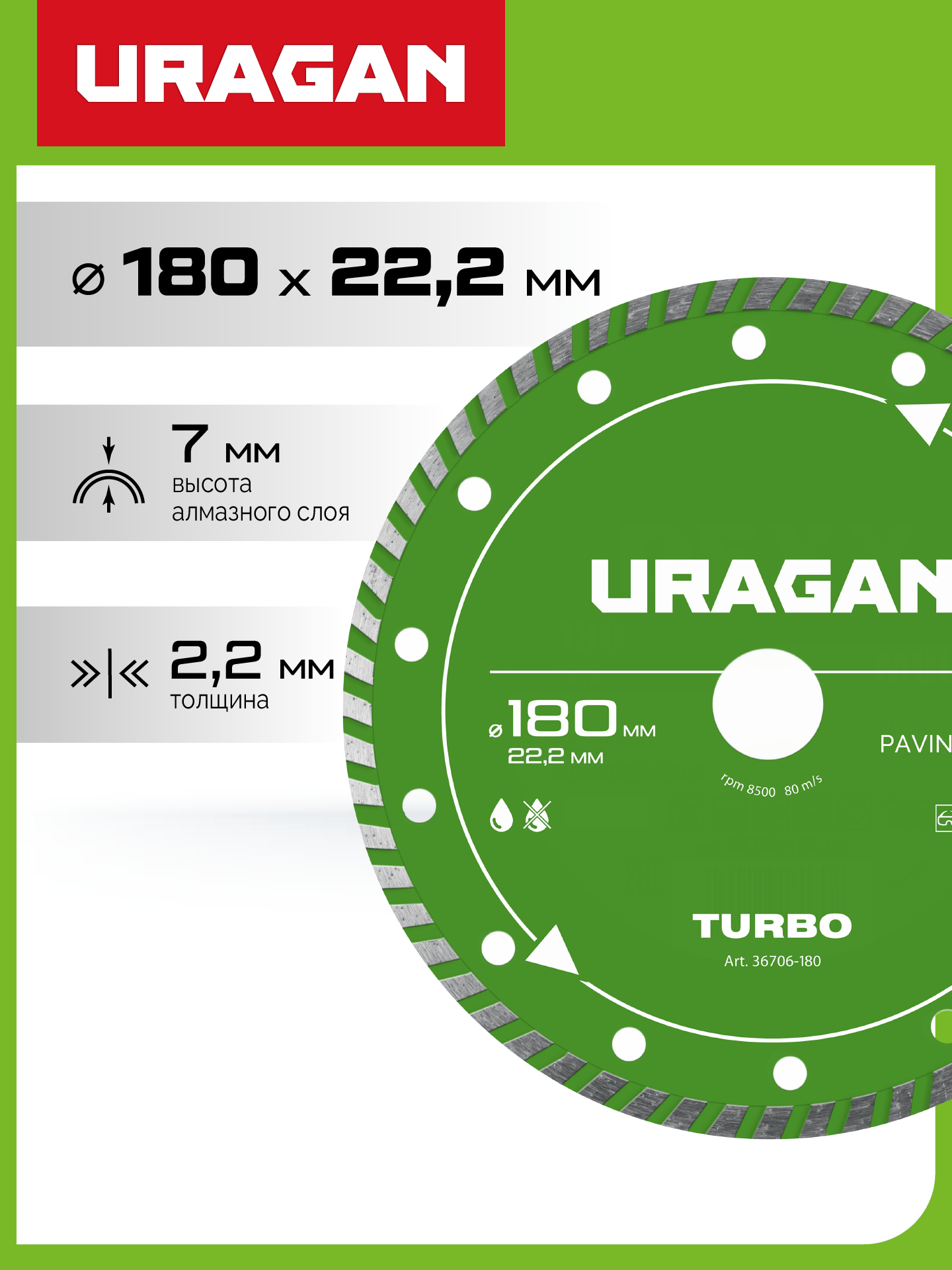 URAGAN TURBO 180 мм, диск алмазный отрезной сегментированный (36706-180) — фото 2
