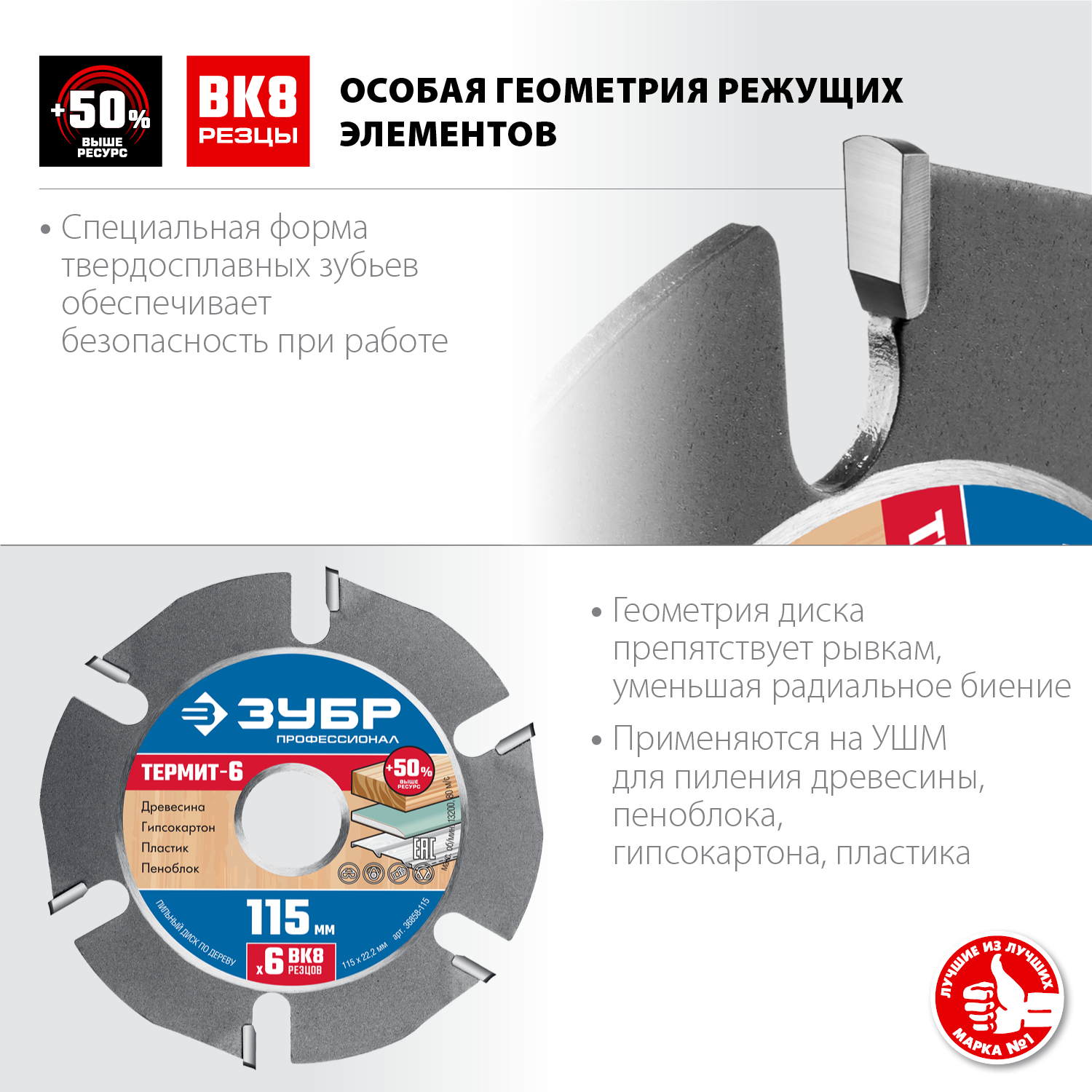 ЗУБР Термит-6, 115 х 22.2 мм, 6 резцов, для УШМ, усиленный, пильный диск по дереву, Профессионал (36858-115) — фото 3