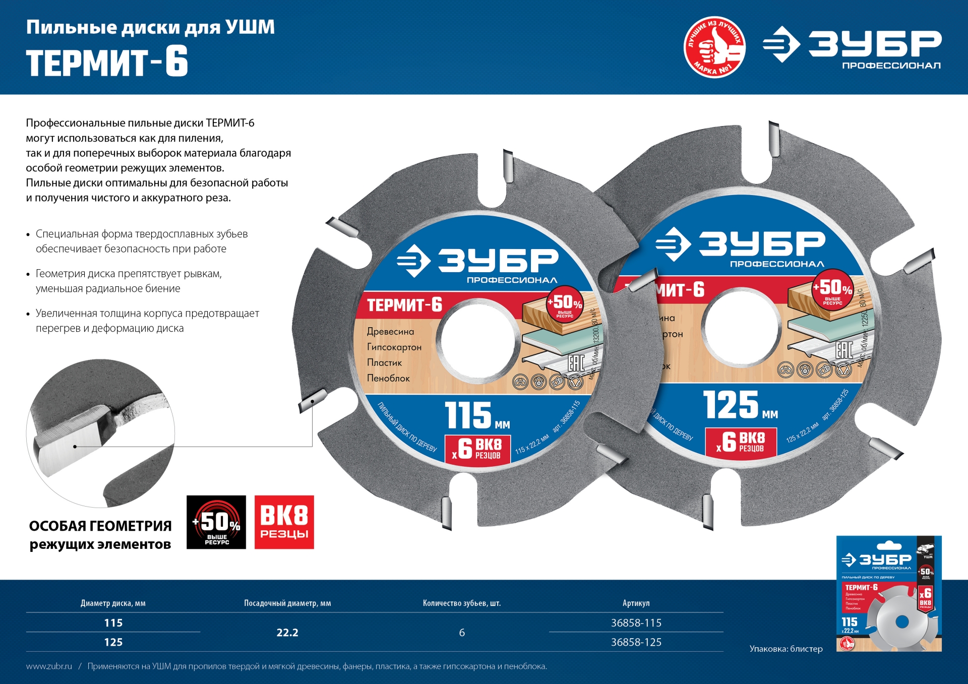 ЗУБР Термит-6, 115 х 22.2 мм, 6 резцов, для УШМ, усиленный, пильный диск по дереву, Профессионал (36858-115) — фото 7