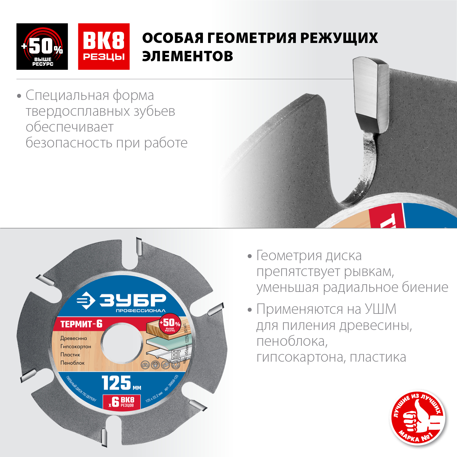 ЗУБР Термит-6, 125 х 22.2 мм, 6 резцов, для УШМ, усиленный, пильный диск по дереву, Профессионал (36858-125) — фото 3