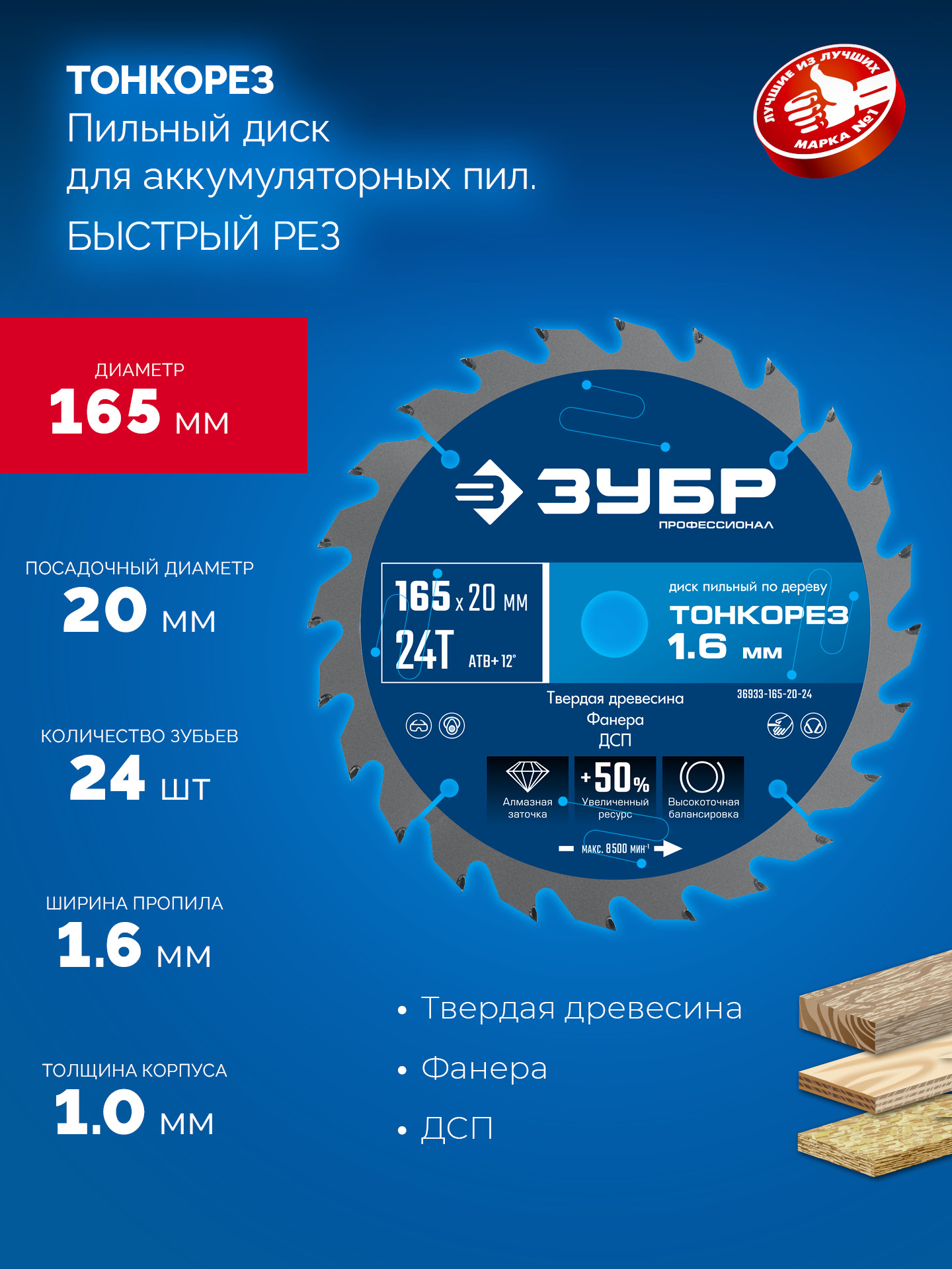 ЗУБР Тонкорез 165х20 x 1.6 мм, 24Т, диск пильный по дереву, тонкий рез, Профессионал (36933-165-20-24) — фото 3