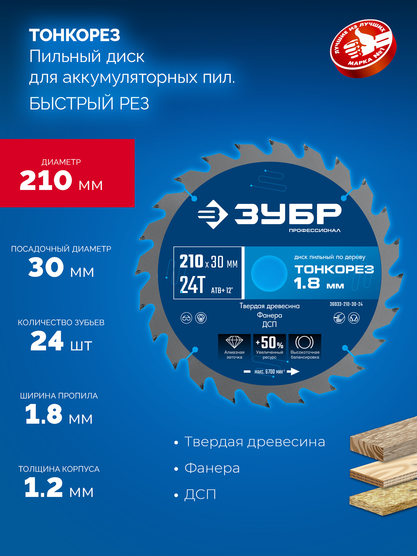 ЗУБР Тонкорез 210х30 x 1.8 мм, 24Т, диск пильный по дереву, тонкий рез, Профессионал (36933-210-30-24) — фото 3