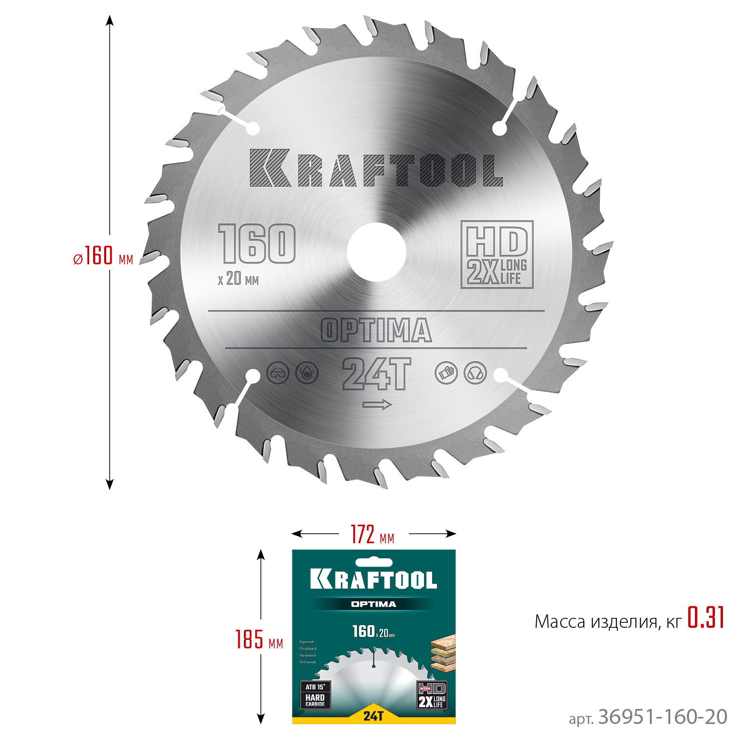 KRAFTOOL Optima, 160 х 20 мм, 24Т, пильный диск по дереву (36951-160-20) — фото 6