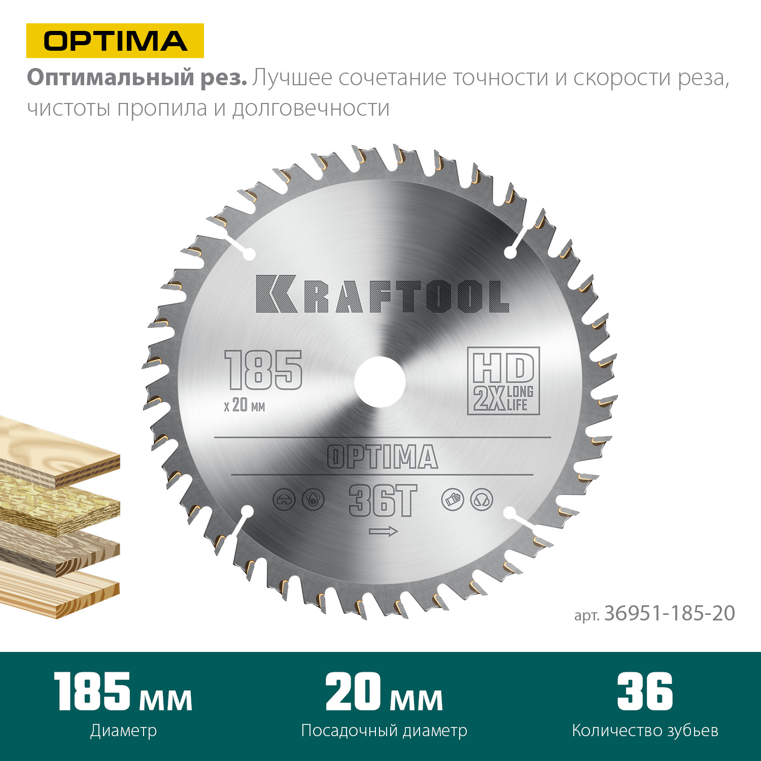 KRAFTOOL Optima, 185 х 20 мм, 36Т, пильный диск по дереву (36951-185-20) — фото 3
