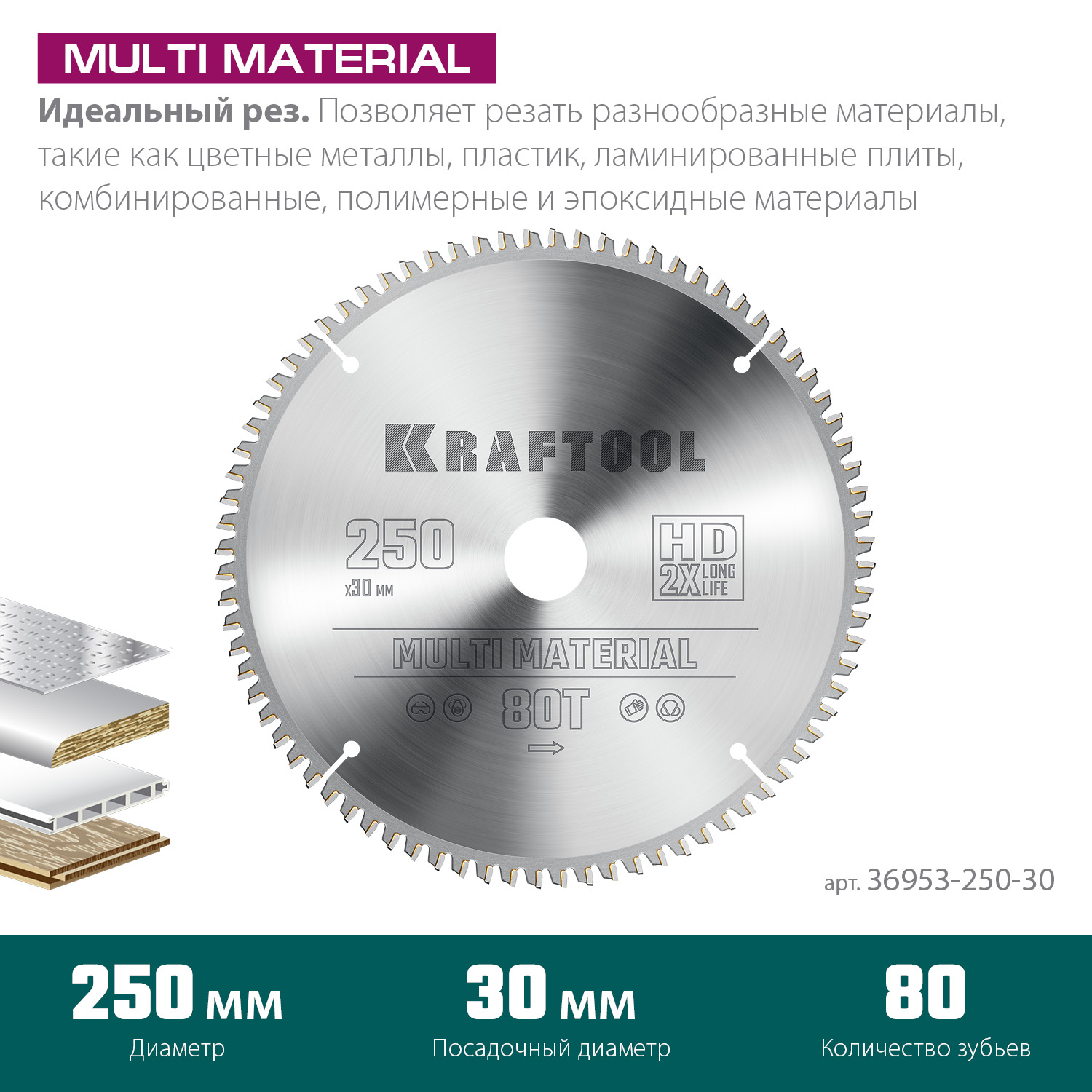 KRAFTOOL Multi Material, 250 х 30 мм, 80Т, пильный диск по алюминию (36953-250-30) — фото 3