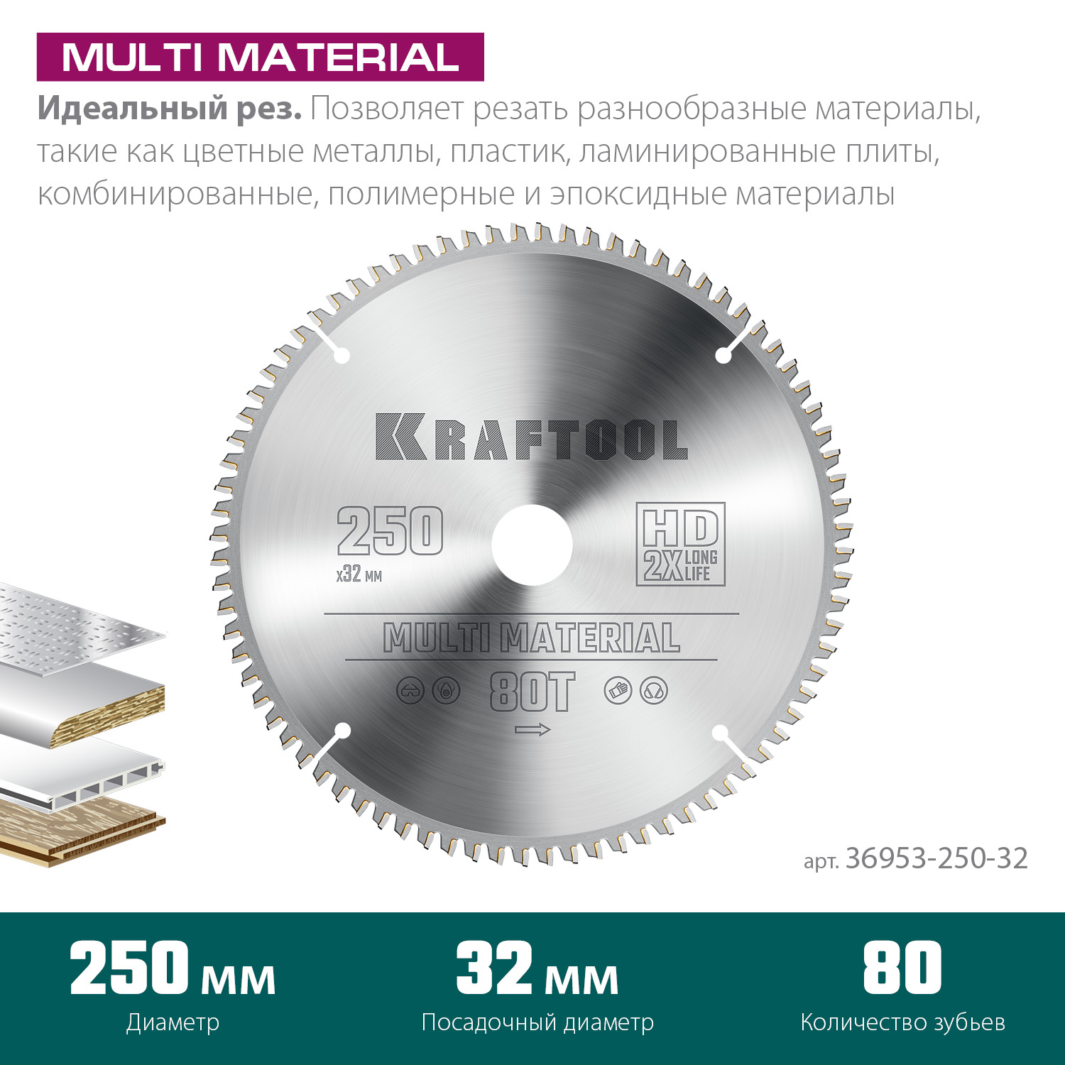 KRAFTOOL Multi Material, 250 х 32 мм, 80Т, пильный диск по алюминию (36953-250-32) — фото 3
