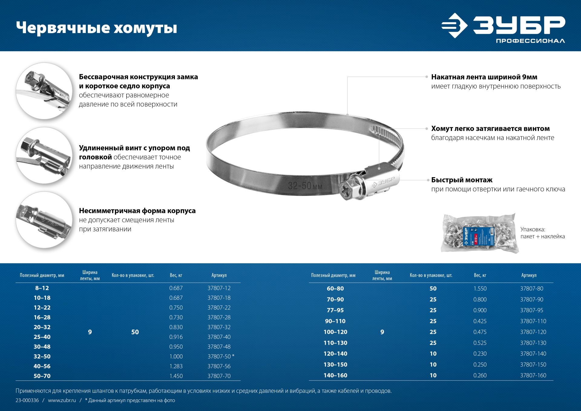 ЗУБР Х-9Н, 140 - 160 мм, накатная лента 9 мм, цинк, 10 шт, червячный хомут (37807-160) — фото 10