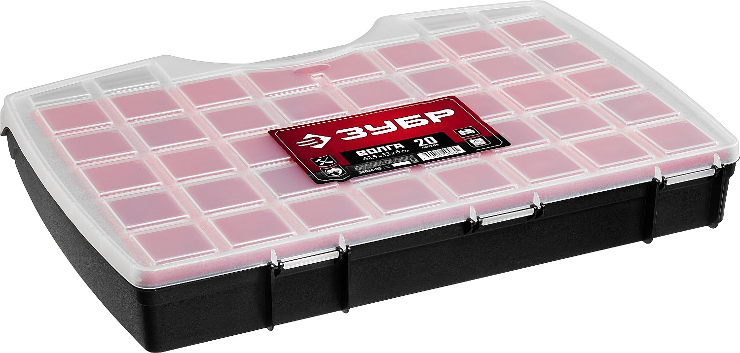 ЗУБР ВОЛГА-20, 425 х 330 х 60 мм, пластиковый органайзер с 20 съемными лотками (38034-20) — фото 3