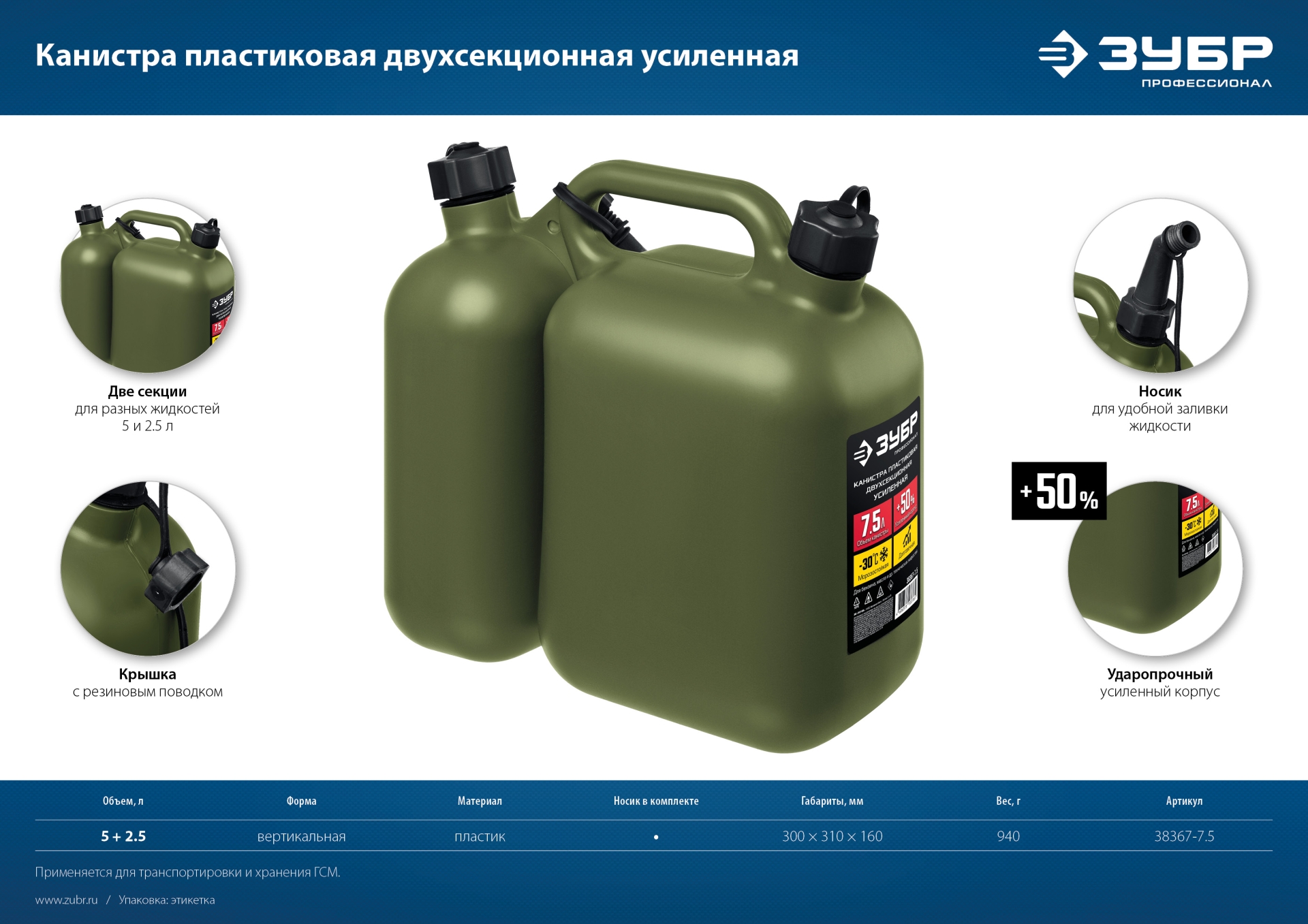 ЗУБР 5 + 2.5 л, пластиковая усиленная двухсекционная канистра, Профессионал (38367-7.5) — фото 7