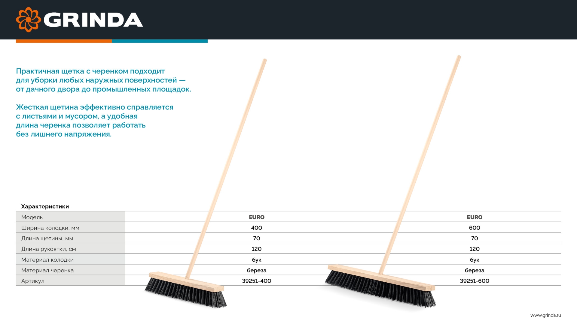 GRINDA EURO буковая колодка 40см, шлифованный черенок из берёзы 120см (d22мм) щетина 70мм, 5-рядная, уличная щётка с черенком (39251-400) — фото 6
