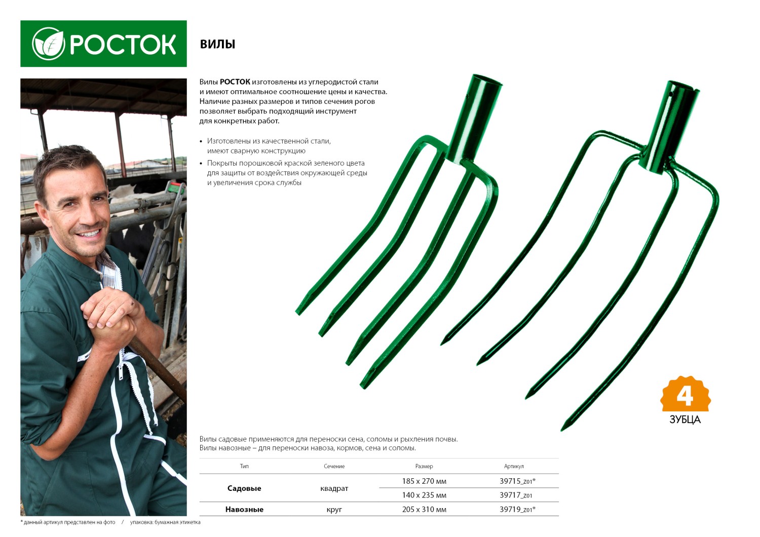 РОСТОК 185 х 270 мм, с квадратными зубьями, углеродистая сталь, без черенка, вилы (39715) — фото 3