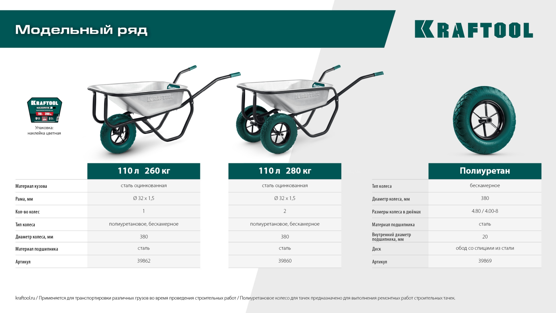 KRAFTOOL MAXDrive-2 110л, 280 кг, двухколесная, с трубным усилителем, кузов 0,9 мм, полиуретановые колеса, тачка строительная (39860) — фото 11