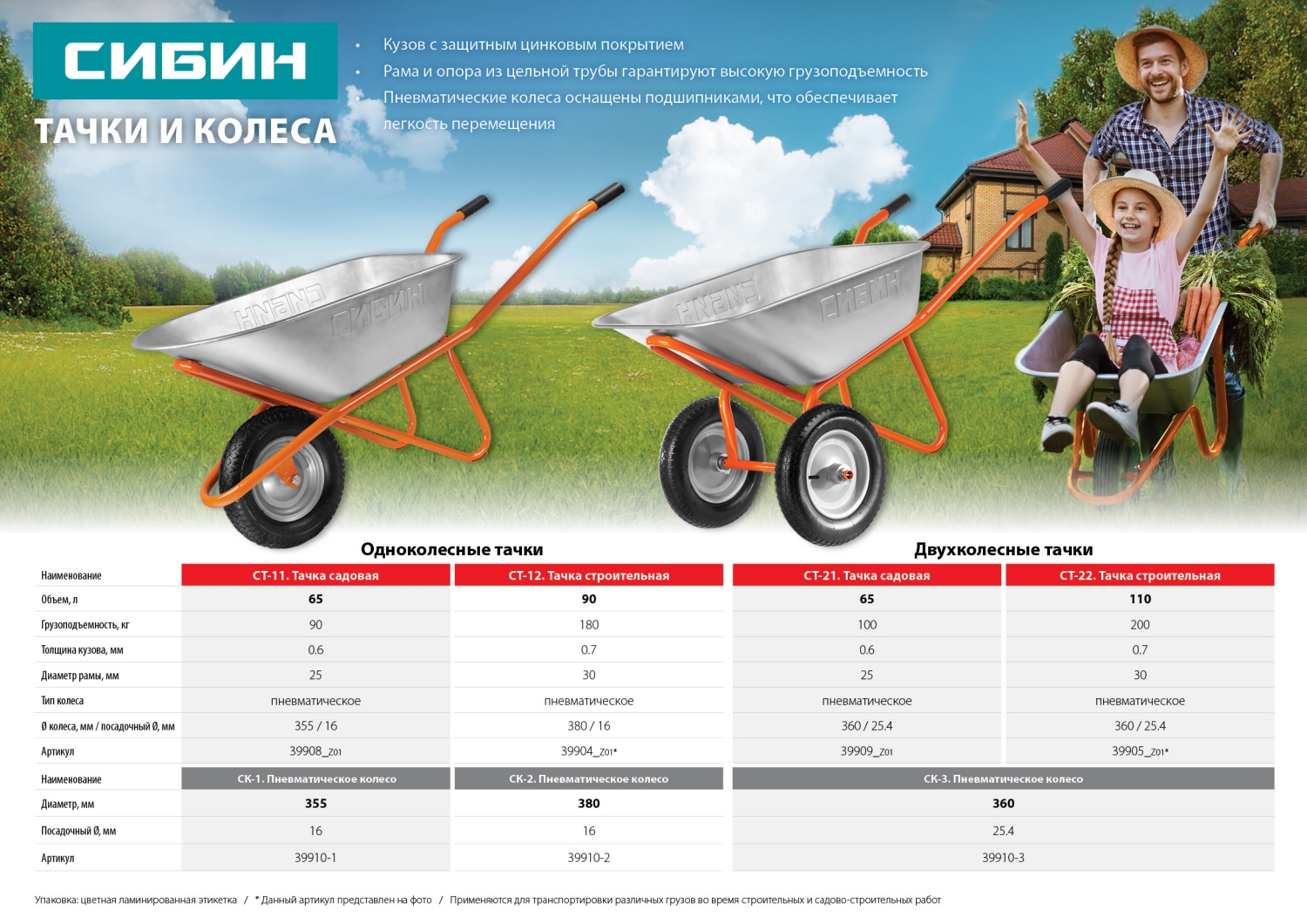 СИБИН СК-3, 3.25″ х 360 мм, для тачек (арт. 39905, 39909, 39992, 39994), стальной диск, подшипник - 25,4 мм, пневматическое колесо (39910-3) — фото 5