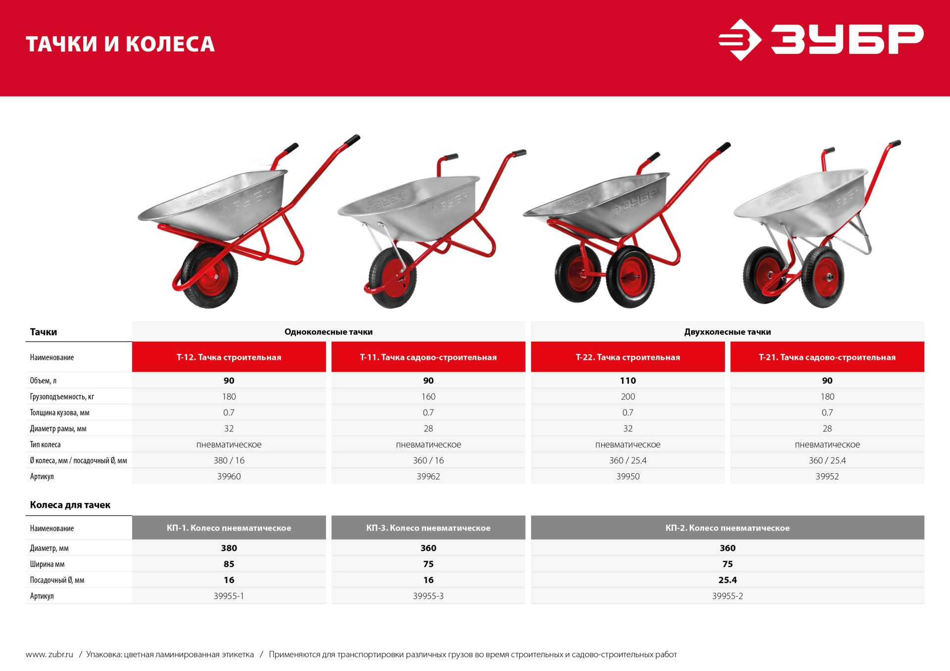 ЗУБР КП-1, 4″ х 380 мм, для тачки (арт. 39960), стальной диск, подшипник - 16 мм, пневматическое колесо (39955-1) — фото 5
