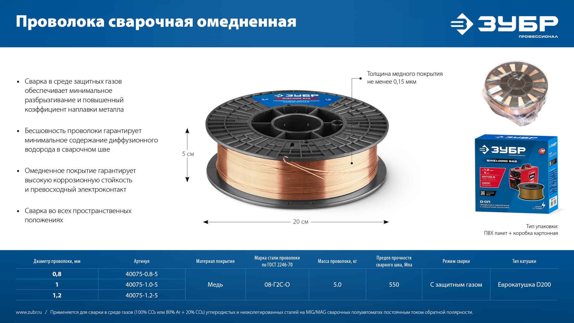 ЗУБР О-СП, d 0.8 мм, 5 кг, омеднённая сварочная проволока, тип ER70S-6 (аналог Св-08Г2С-О), Профессионал (40075-0.8-5) — фото 7