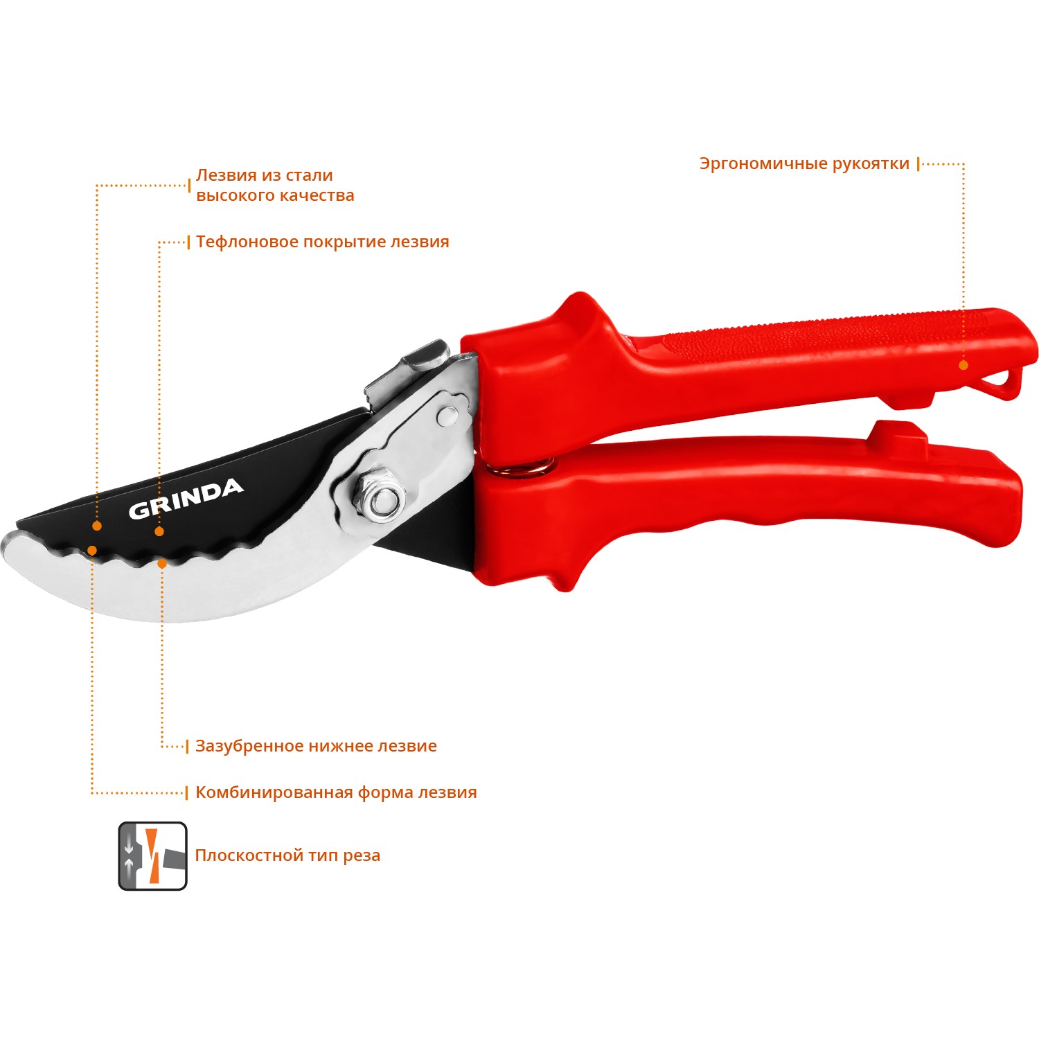 GRINDA G-31, 200 мм, закаленные лезвия, тефлоновое покрытие, зубцы на лезвии, пластиковые рукоятки, плоскостной секатор (40210) — фото 3
