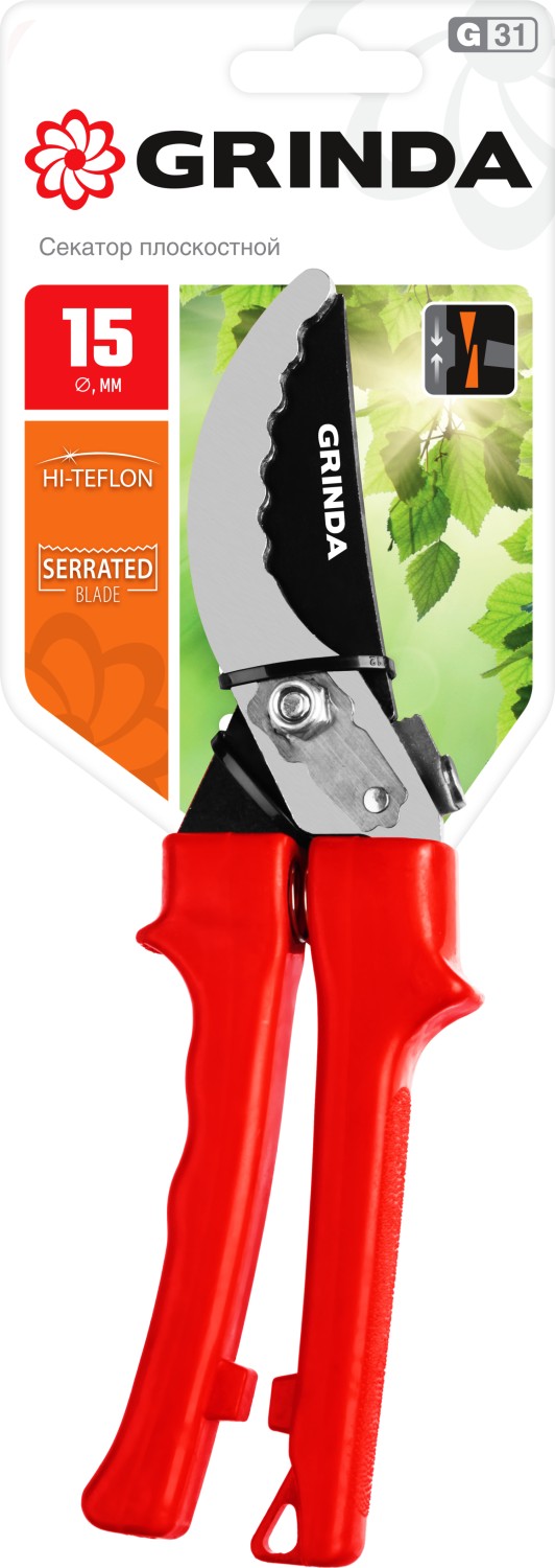 GRINDA G-31, 200 мм, закаленные лезвия, тефлоновое покрытие, зубцы на лезвии, пластиковые рукоятки, плоскостной секатор (40210) — фото 6