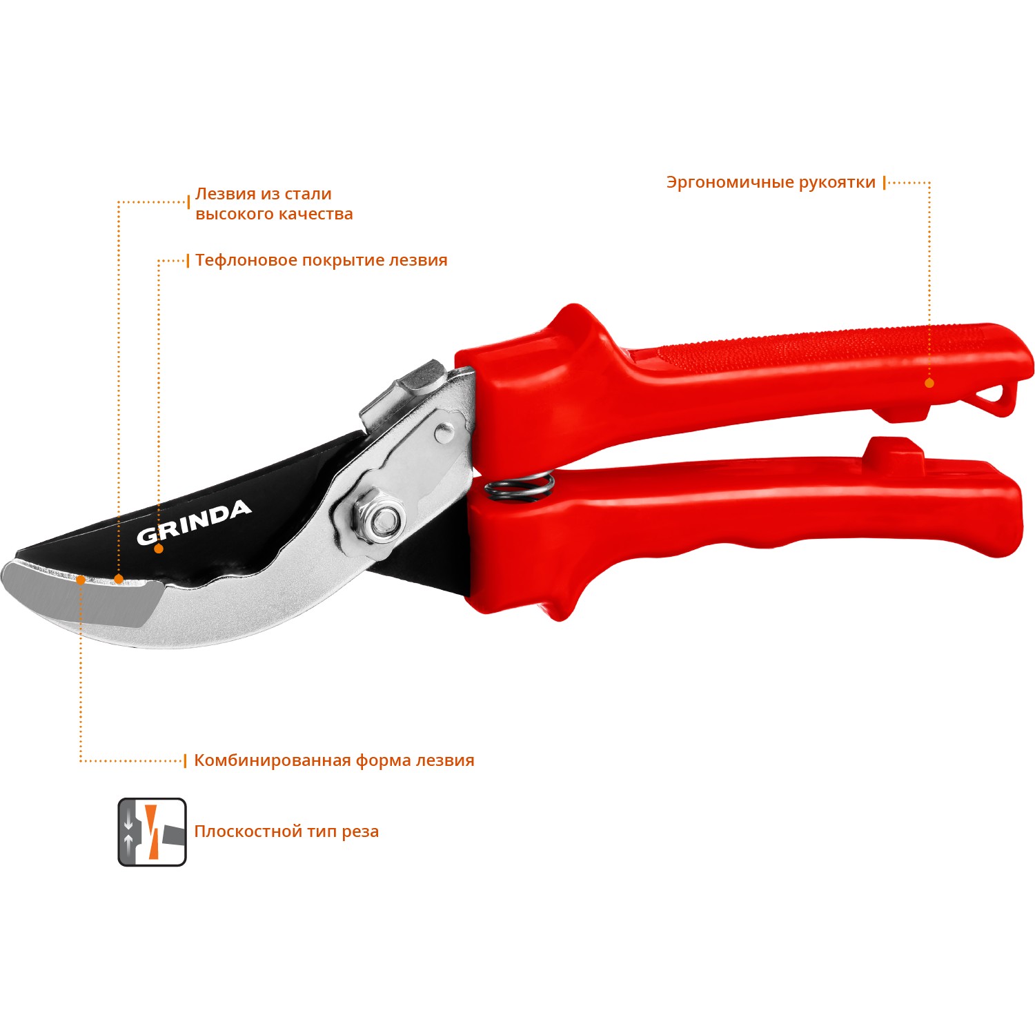 GRINDA G-35, 200 мм, закаленные лезвия, тефлоновое покрытие, пластиковые рукоятки, плоскостной секатор (40212) — фото 3