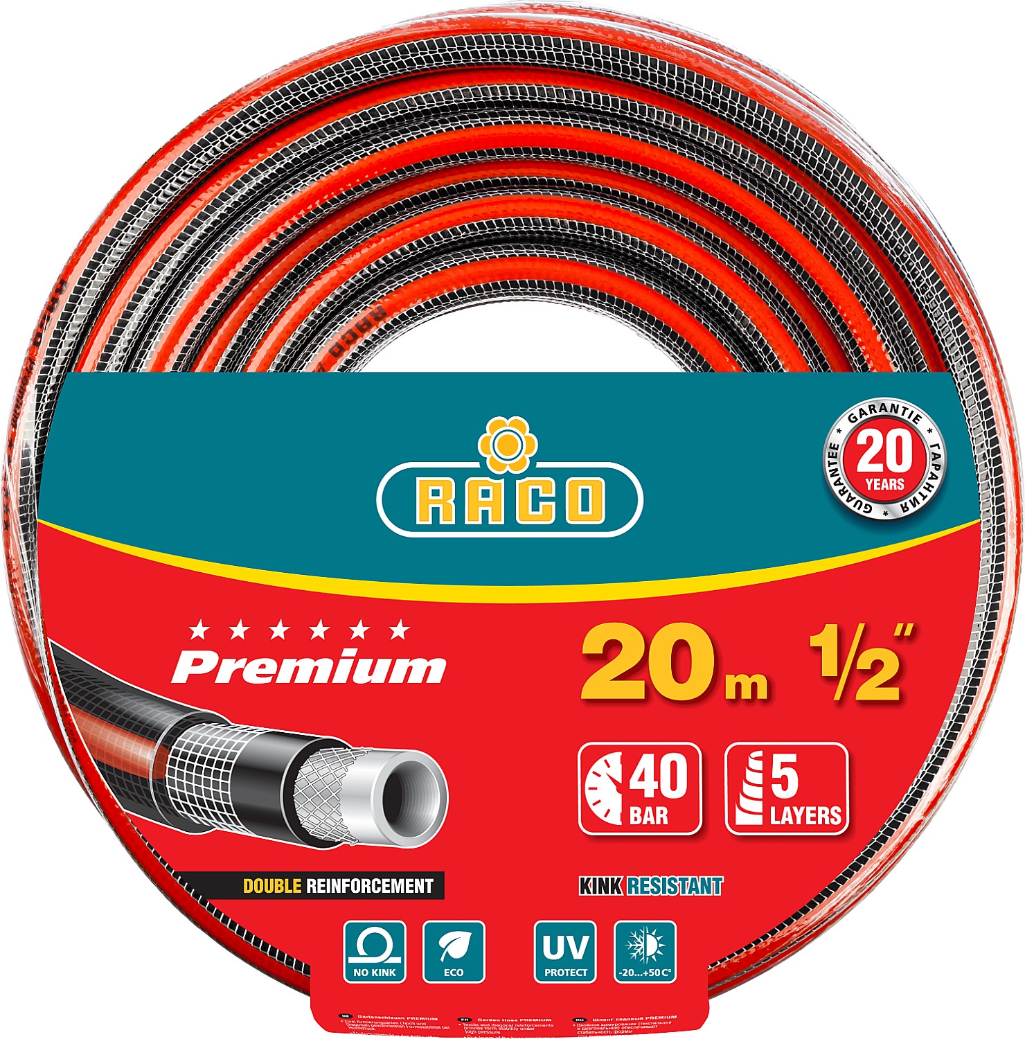 RACO PREMIUM, 1/2″, 20 м, 40 атм, пятислойный, усиленный двумя слоями армирования, поливочный шланг (40300-1/2-20)