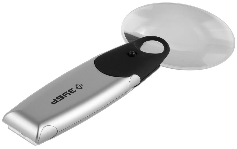 ЗУБР 2-х/6-ти кратное увеличение, d 90 мм, пластиковая линза со светодиодной подсветкой, лупа - трансформер (40557) — фото 2