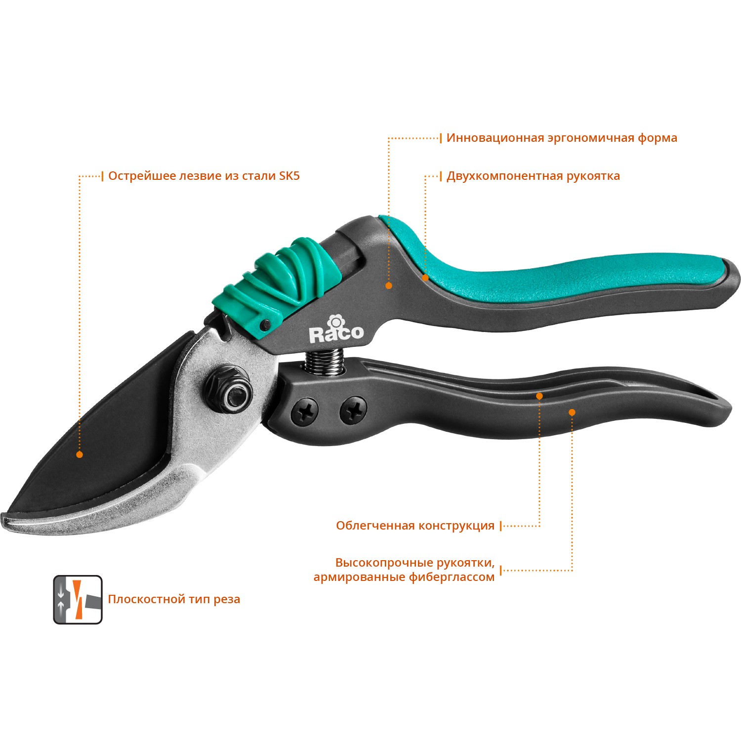 RACO S162, 205 мм, закаленная сталь, с двухкомпонентными рукоятками армированными фиберглассом, плоскостной секатор (4206-53/S162) — фото 2