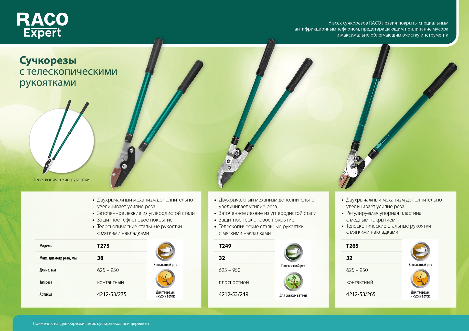 RACO T249, 625-950 мм, силовой, высококачественная сталь с покрытием Hitekflon, двурычажный, телескопический, плоскостной сучкорез (4212-53/249) — фото 3