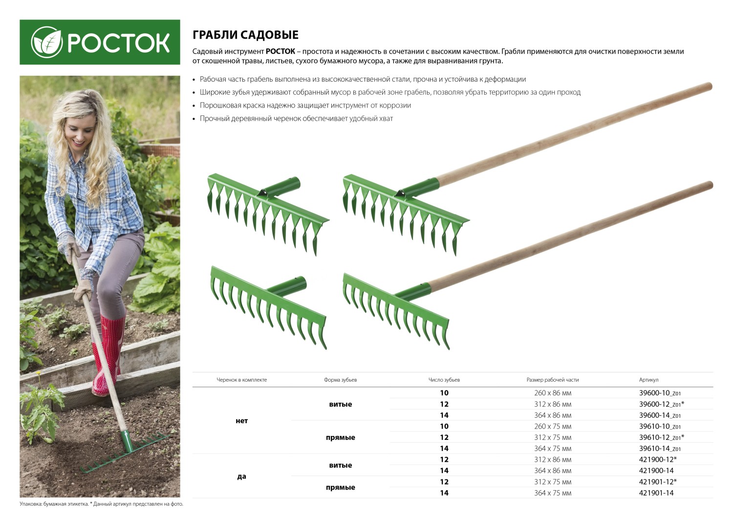 РОСТОК 430 x 100 x 1300 мм, 14 витых зубьев, рабочая поверхность из стали, покрытие краска, черенок деревянный высш. сорт, грабли (421900-14) — фото 3