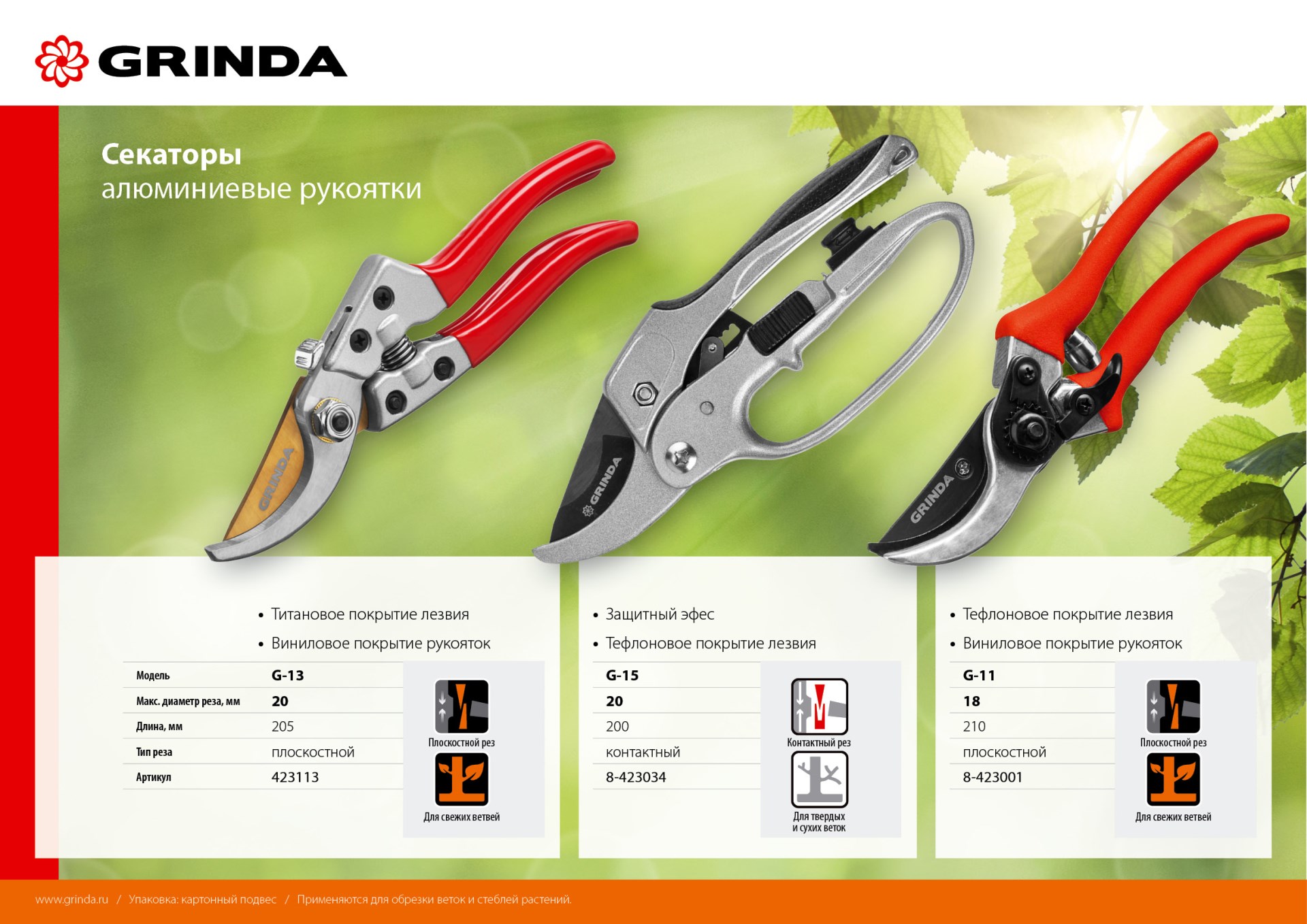 GRINDA G-13, 205 мм, закаленные лезвия, титановое покрытие, алюминиевые рукоятки, плоскостной секатор (423113) — фото 7