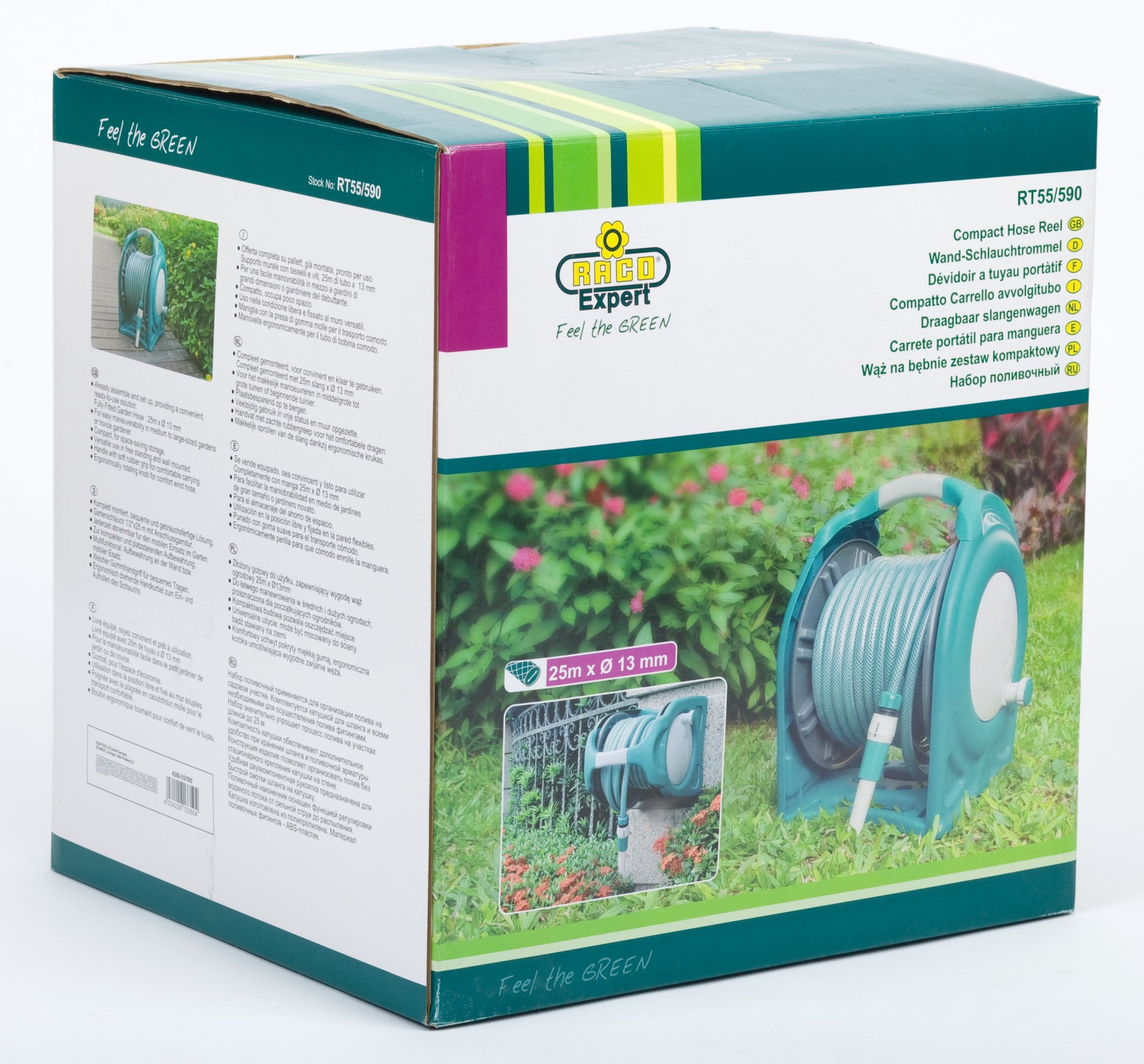 RACO корпус из высокопрочного пластика, шланг 25 м х 1/2″, поливочный набор 4 предмета, катушка со шлангом в комплекте (4260-55/590) — фото 2
