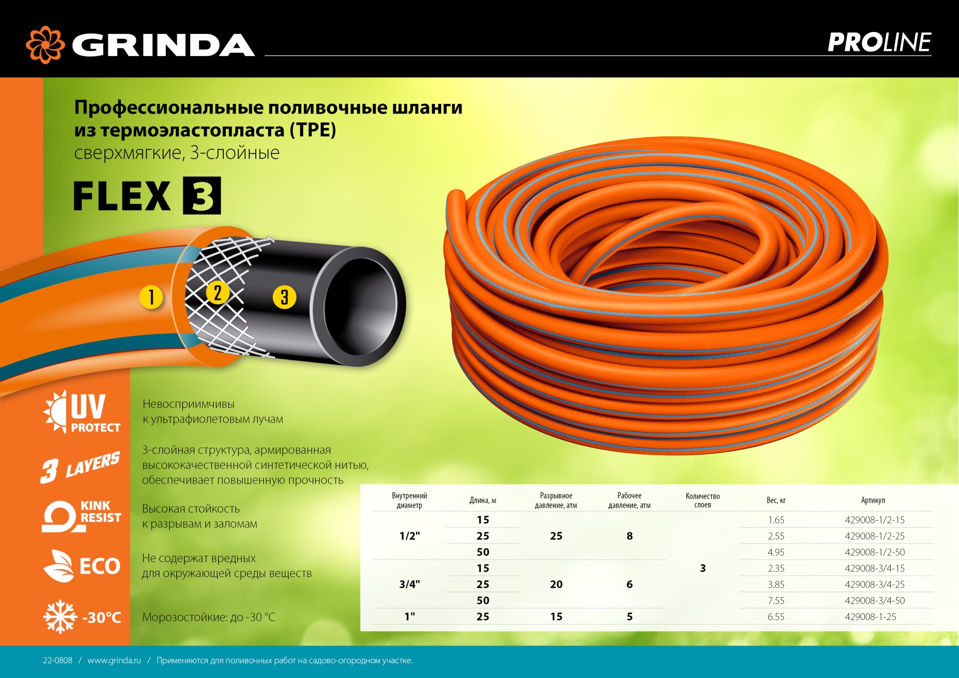 GRINDA FLEX 3, 1/2″, 50 м, 25 атм, из термоэластопласта, трёхслойный, армированный, гибкий, поливочный шланг, PROLine (429008-1/2-50) — фото 8