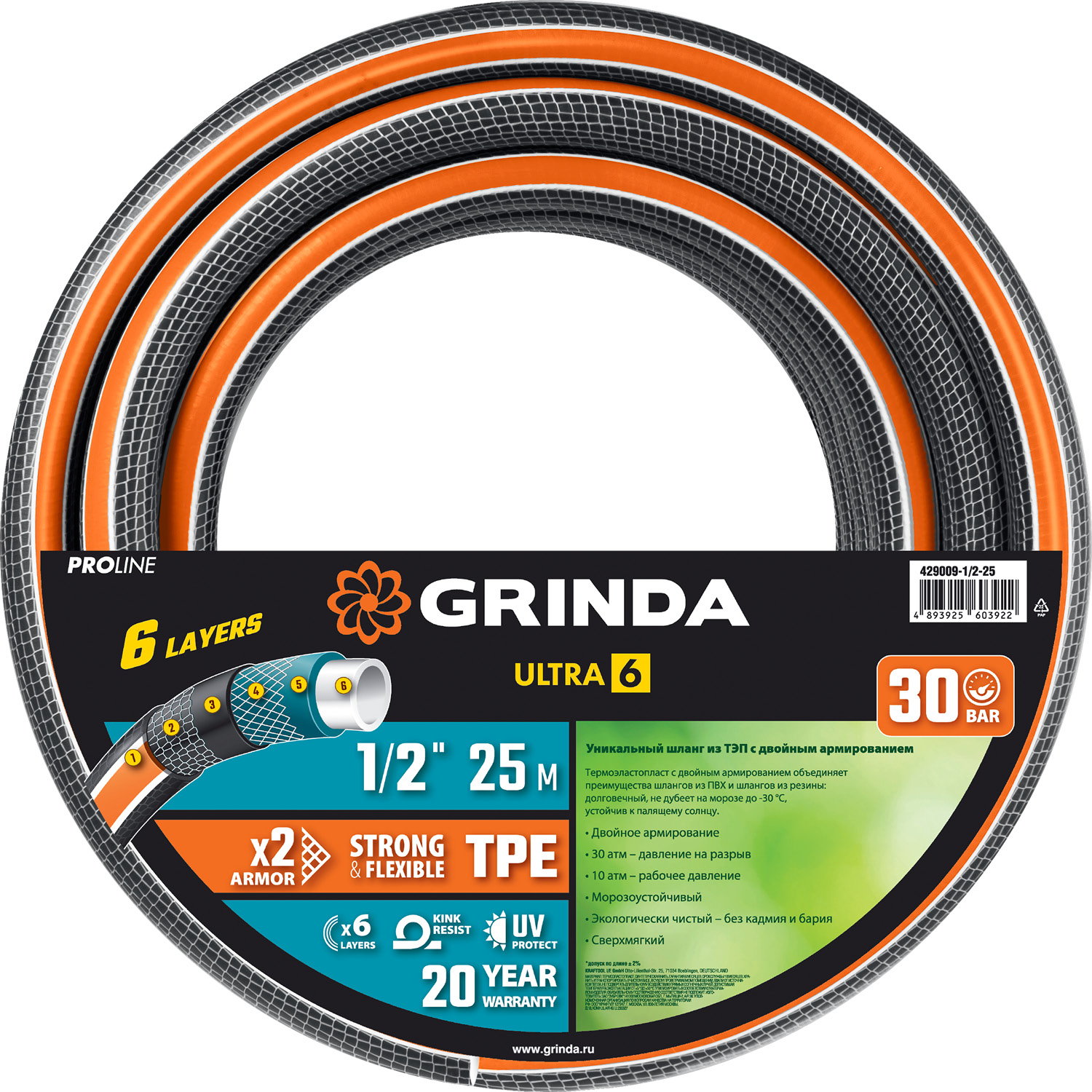 GRINDA ULTRA 6, 1/2″, 25 м, 30 атм, шестислойный, двойное армирование, поливочный шланг, PROLine (429009-1/2-25) — фото 7