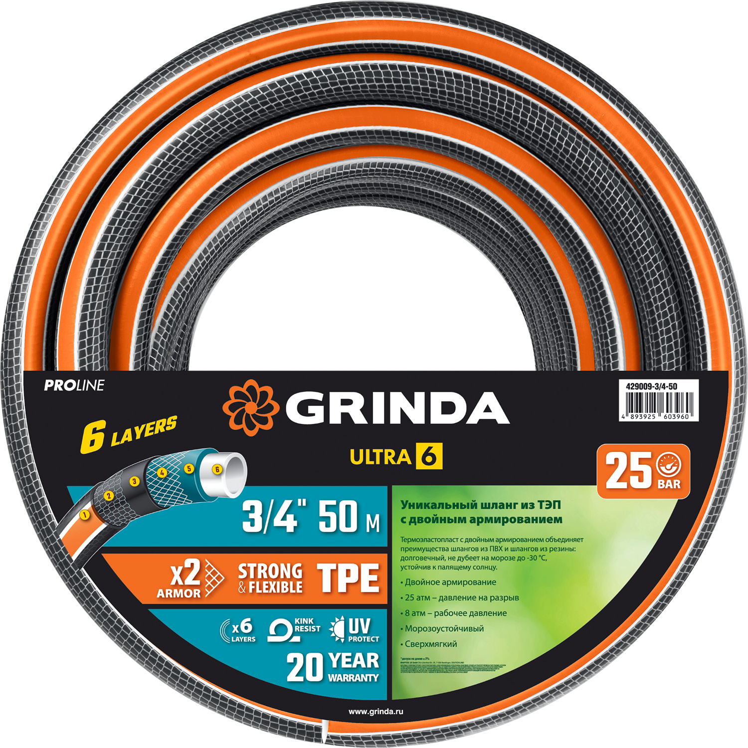 GRINDA ULTRA 6, 3/4″, 50 м, 25 атм, шестислойный, двойное армирование, поливочный шланг, PROLine (429009-3/4-50) — фото 7