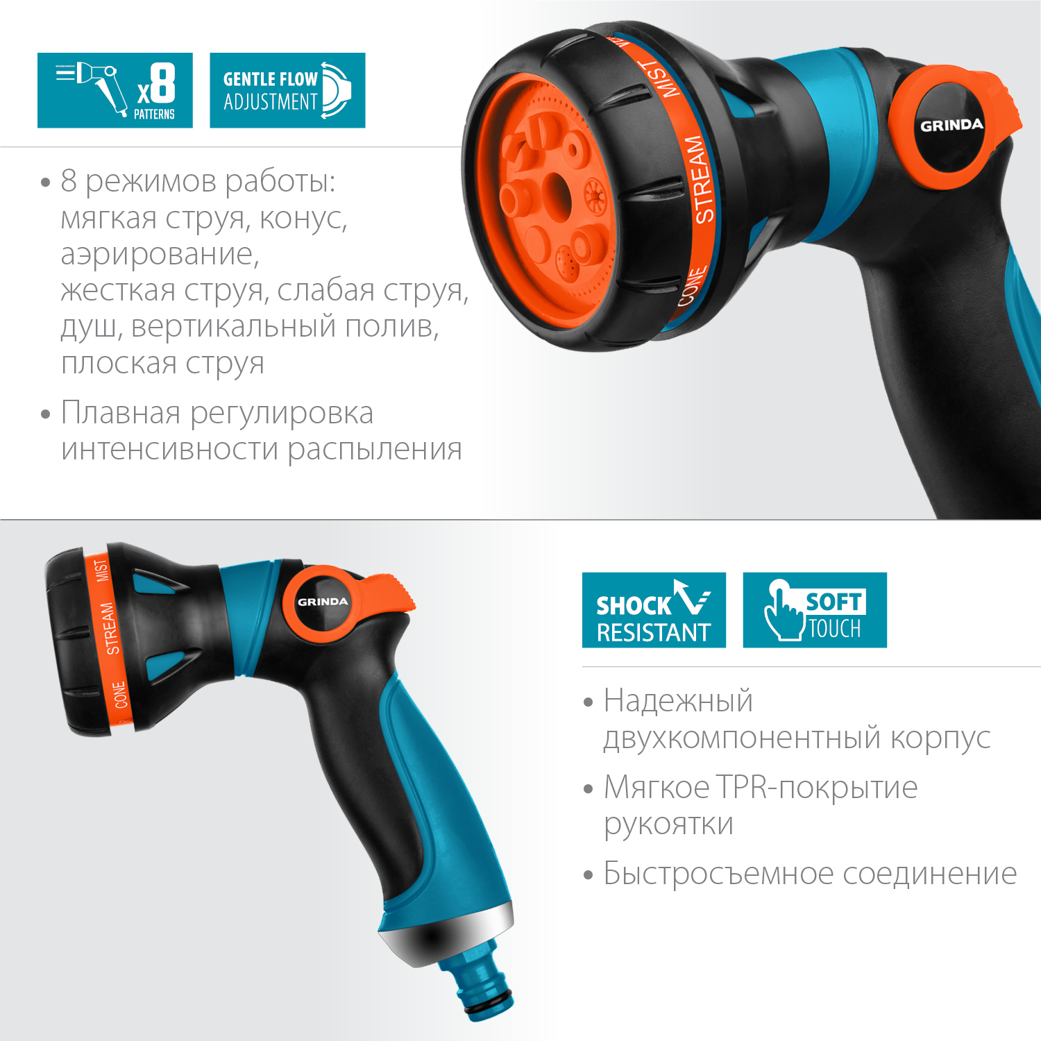 GRINDA S-8, 8 режимов, двухкомпонентный с регулятором напора, поливочный пистолет, PROLine (429100) — фото 3