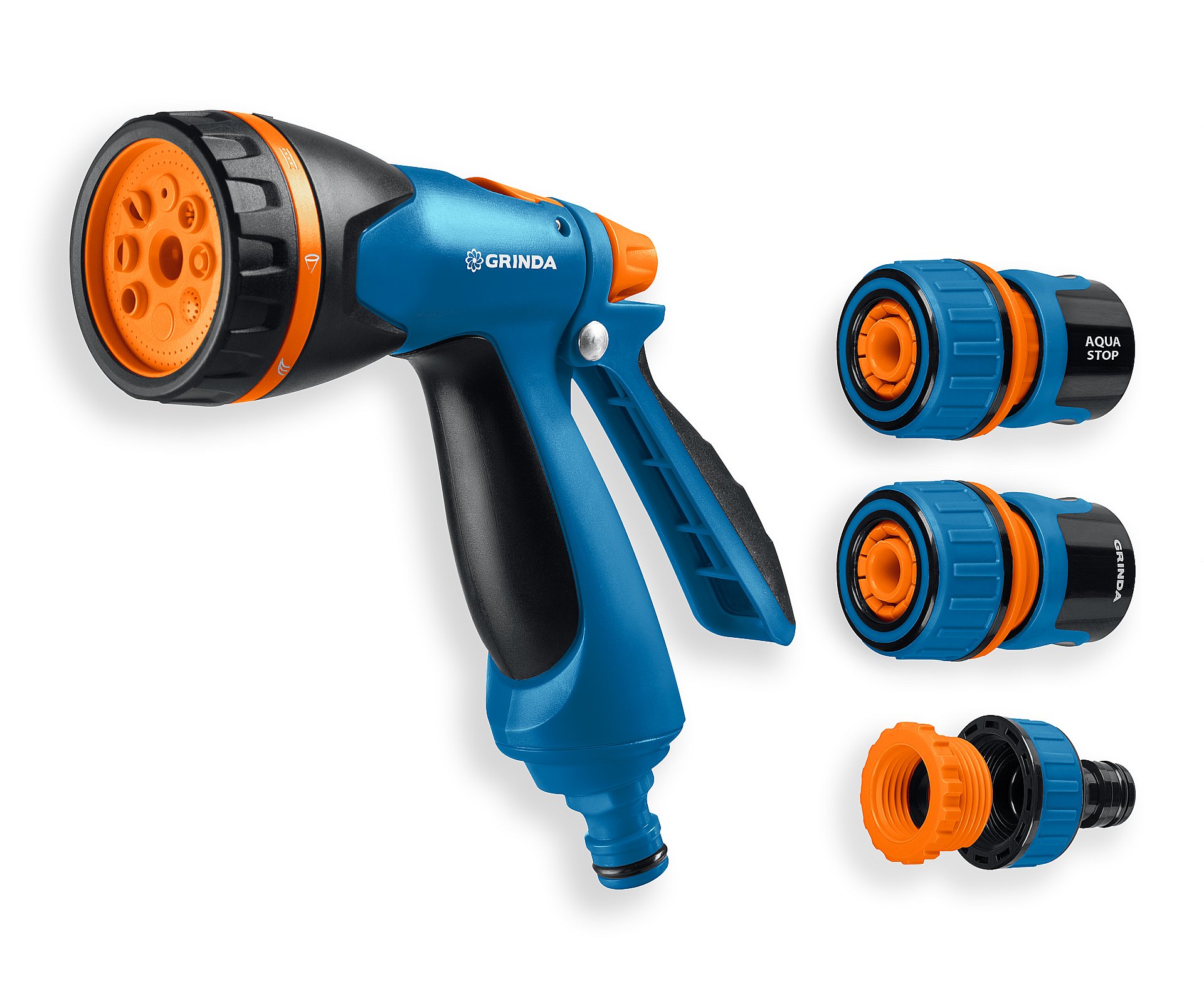 GRINDA B-834, пистолет поливочный B-8, коннектор 3/4, конектор 3/4 с автостопом, адаптер с внутр. резьбой 1/2х3/4, набор поливочный, PROLine (429113)