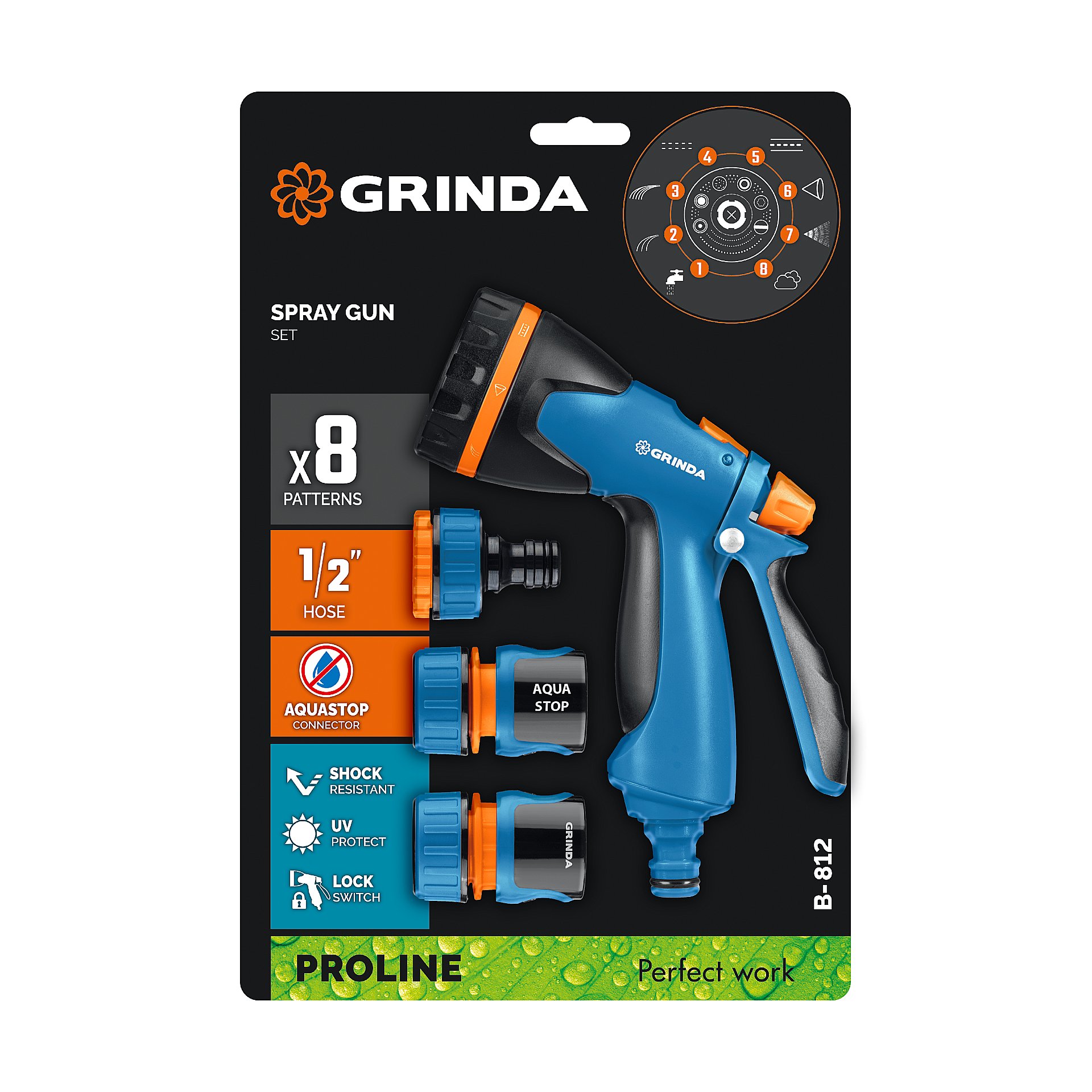 GRINDA B-812, питолет поливочный B-8, коннектор 1/2, конектор 1/2 с автостопом, адаптер с внутр. резьбой 1/2 х 3/4, набор поливочный PROLine (429114) — фото 9