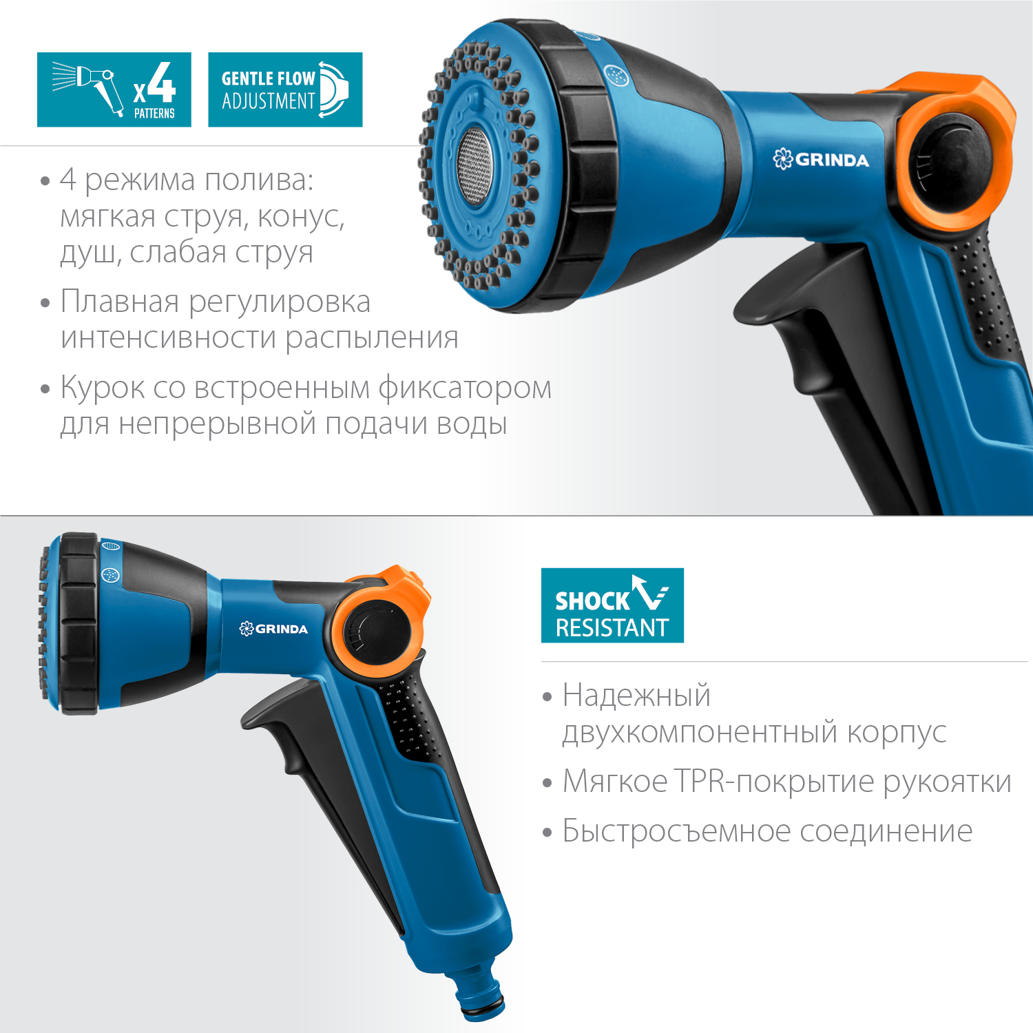 GRINDA X-S, с регулятором напора, душевой, 4 режима, курок спереди, двухкомпонентный, поливочный пистолет, PROLine (429165) — фото 3