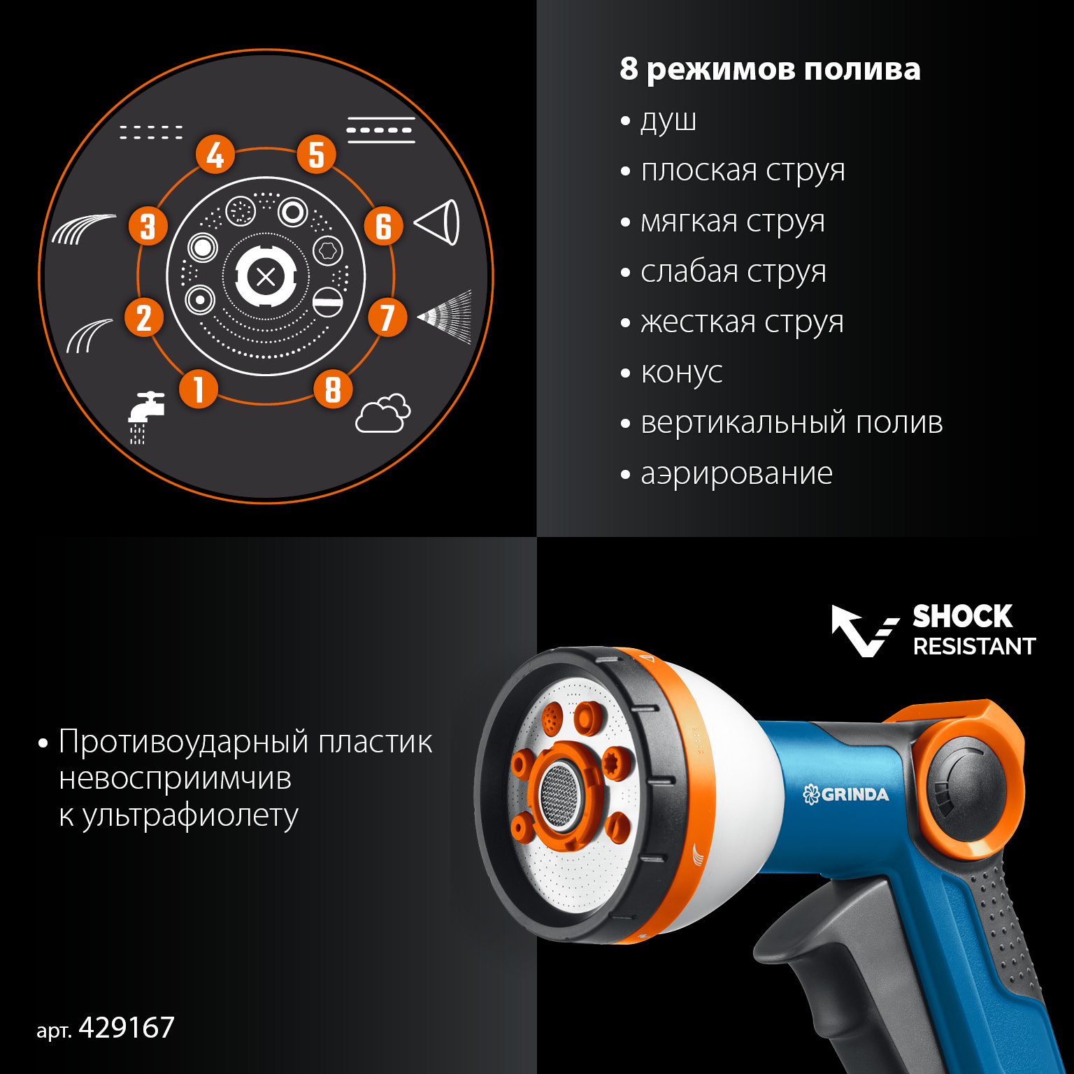 GRINDA Х-834, пистолет поливочный X-8, коннектор 3/4, конектор 3/4 с автостопом, адаптер с внутр. резьбой 1/2 х 3/4,набор поливочный PROLine (429167) — фото 4