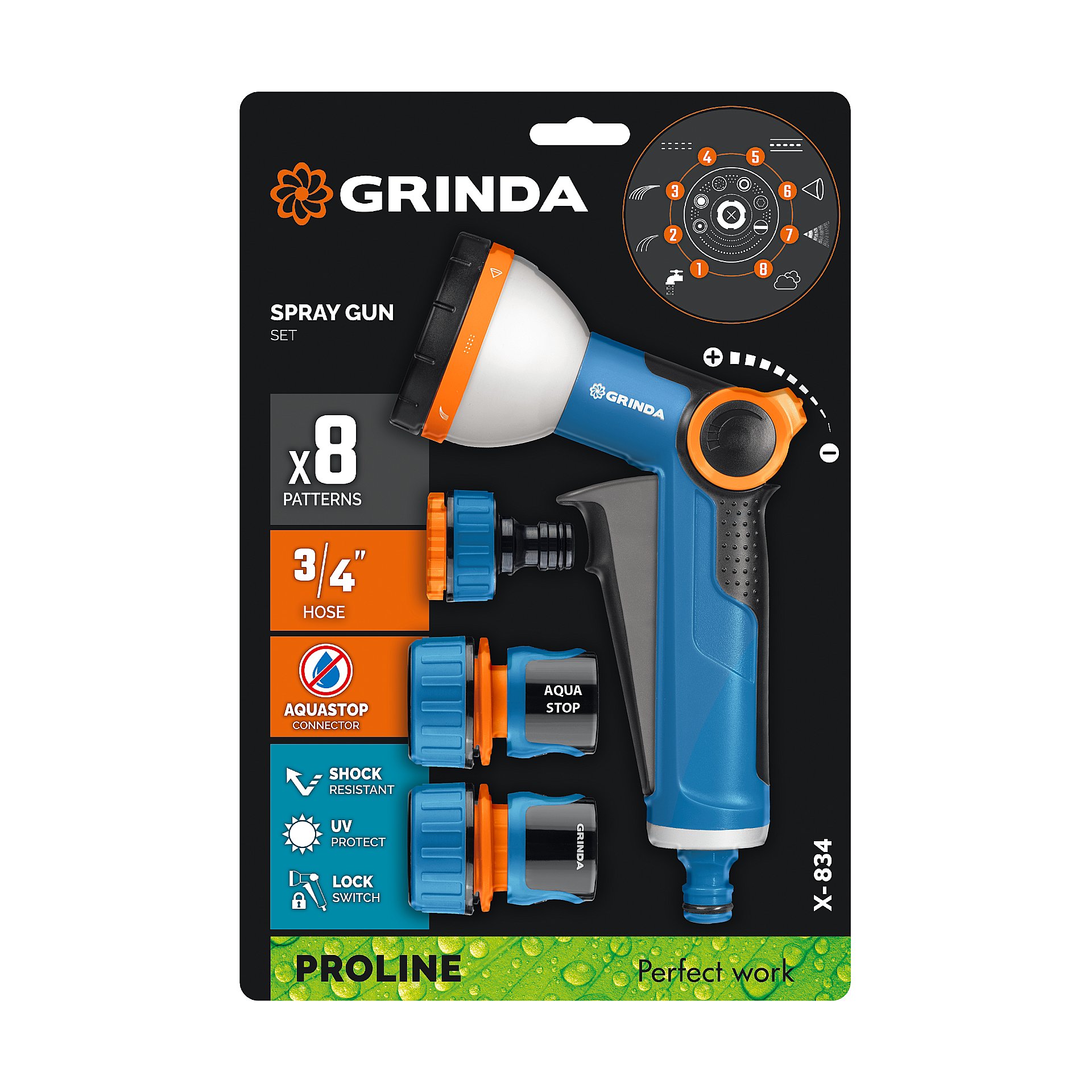 GRINDA Х-834, пистолет поливочный X-8, коннектор 3/4, конектор 3/4 с автостопом, адаптер с внутр. резьбой 1/2 х 3/4,набор поливочный PROLine (429167) — фото 9