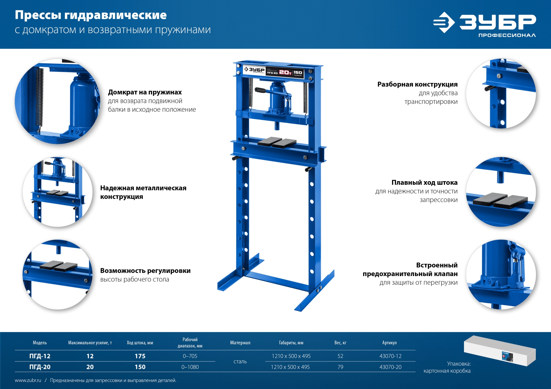 ЗУБР ПГД-12, 12 т, гидравлический пресс с домкратом и возвратными пружинами, Профессионал (43070-12) — фото 11