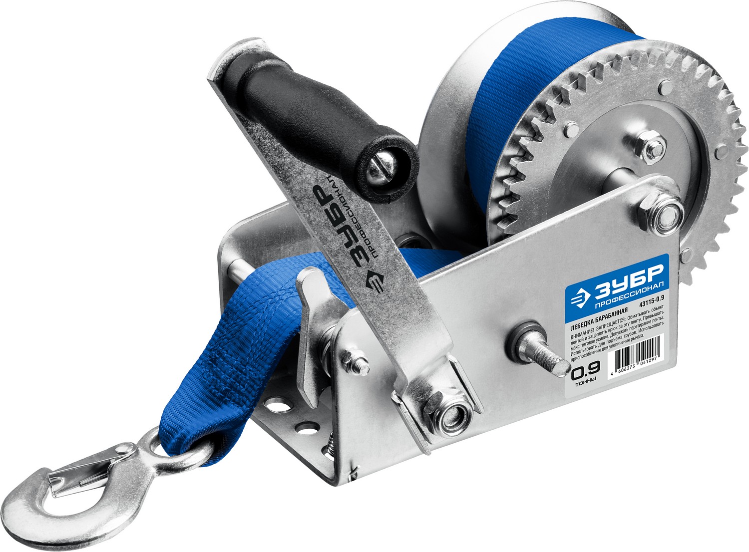 ЗУБР 0.9 т, 10 м, ручная барабанная тяговая ленточная лебедка, Профессионал (43115-0.9) — фото 2