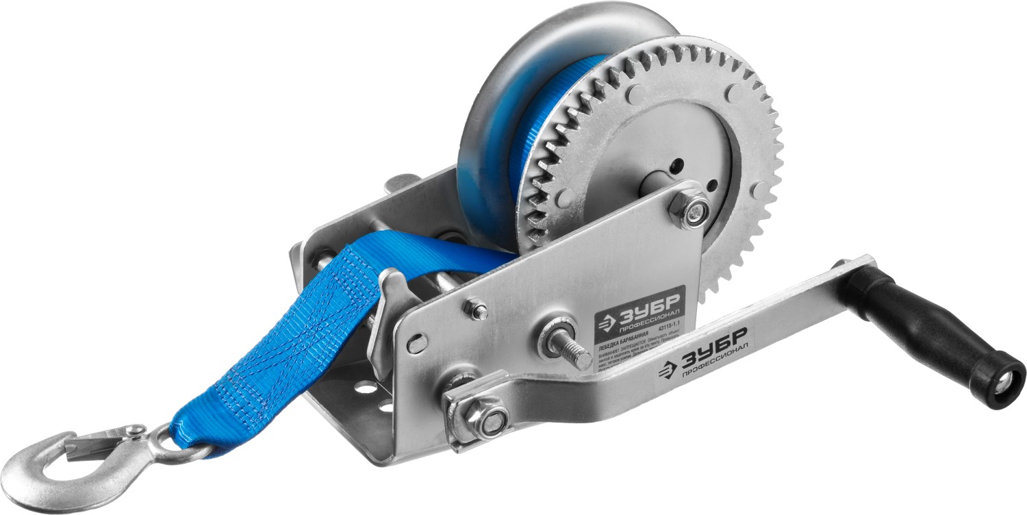 ЗУБР 1.1 т, 10 м, ручная барабанная тяговая ленточная лебедка, Профессионал (43115-1.1) — фото 2