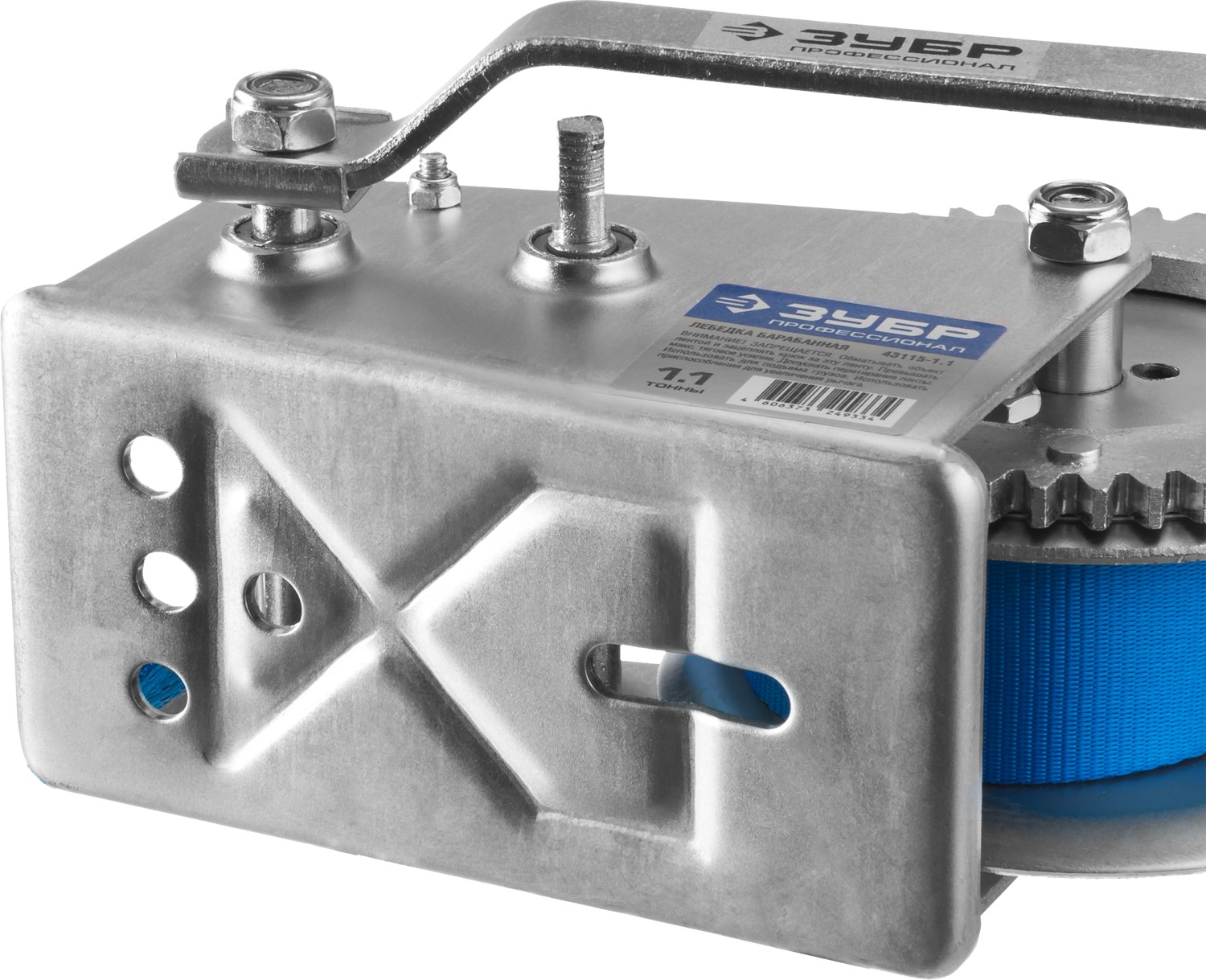 ЗУБР 1.1 т, 10 м, ручная барабанная тяговая ленточная лебедка, Профессионал (43115-1.1) — фото 8